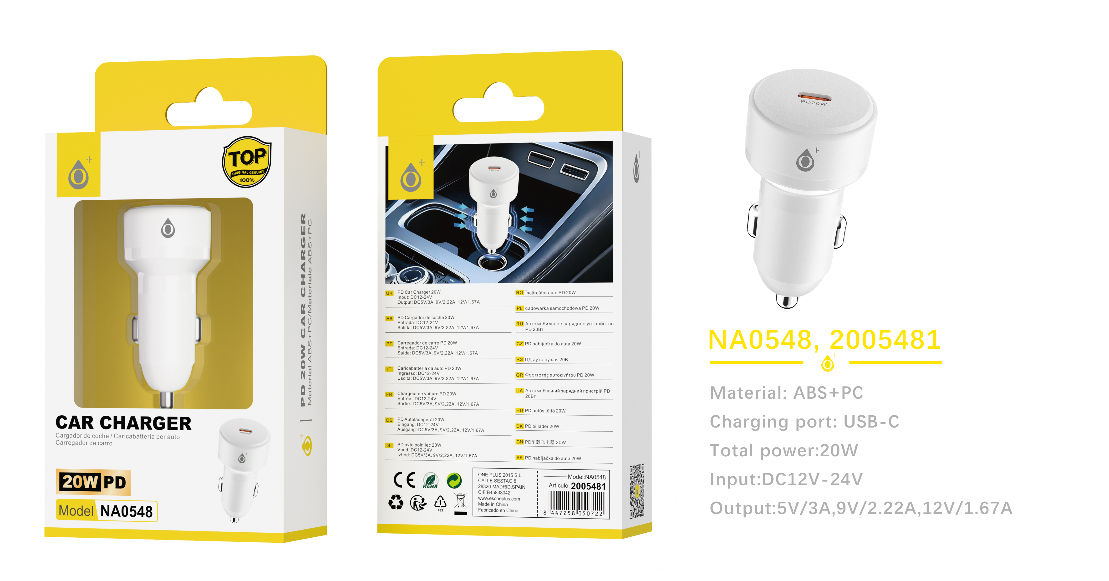 NA0548 BL Cargador de mechero con carga rapida Fili, Type-C, 20W, Sin cable, Blanco