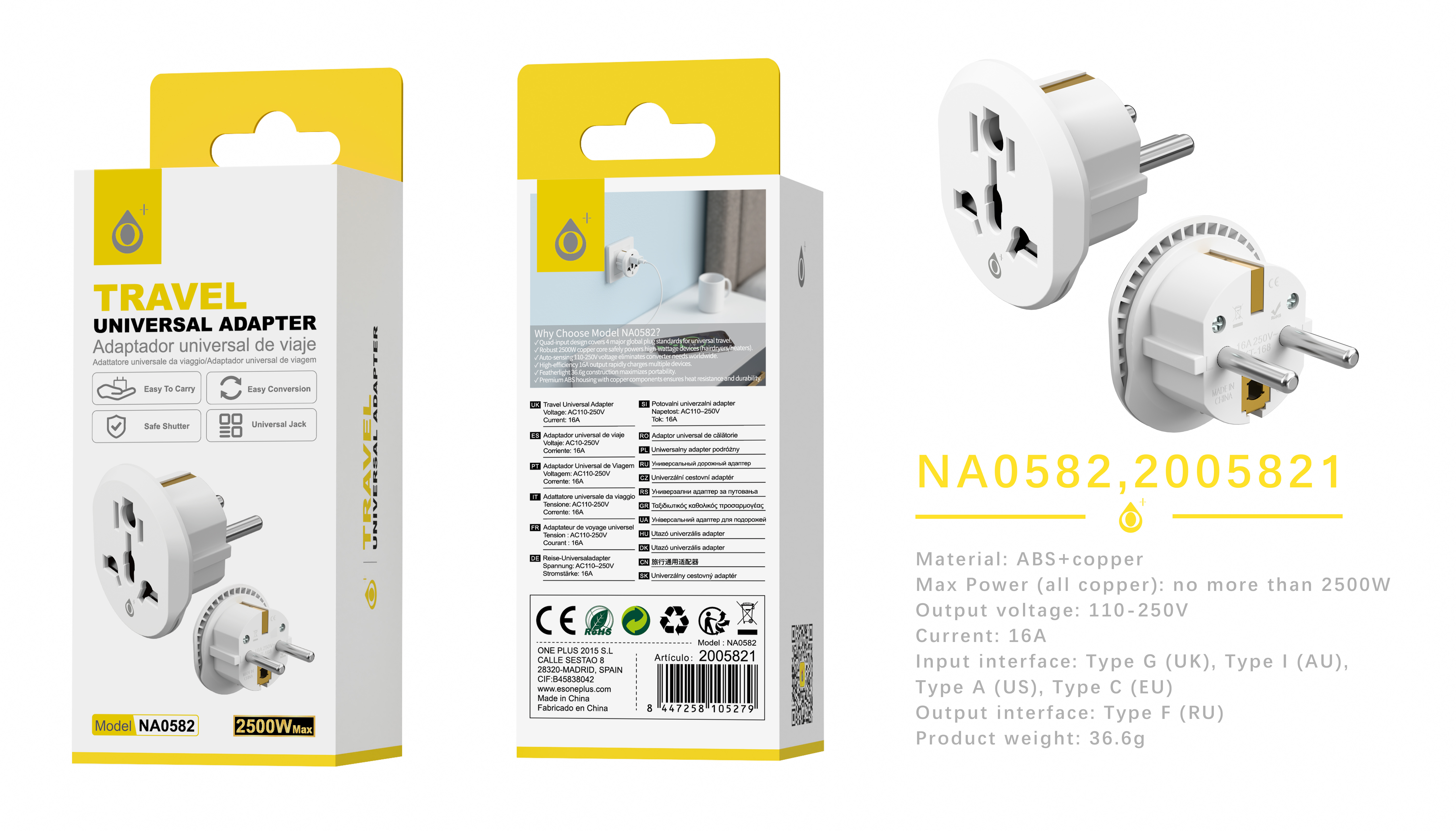 NA0582 BL Adaptador de Enchufe Universal para viaje 2500W max/16A , Blanco