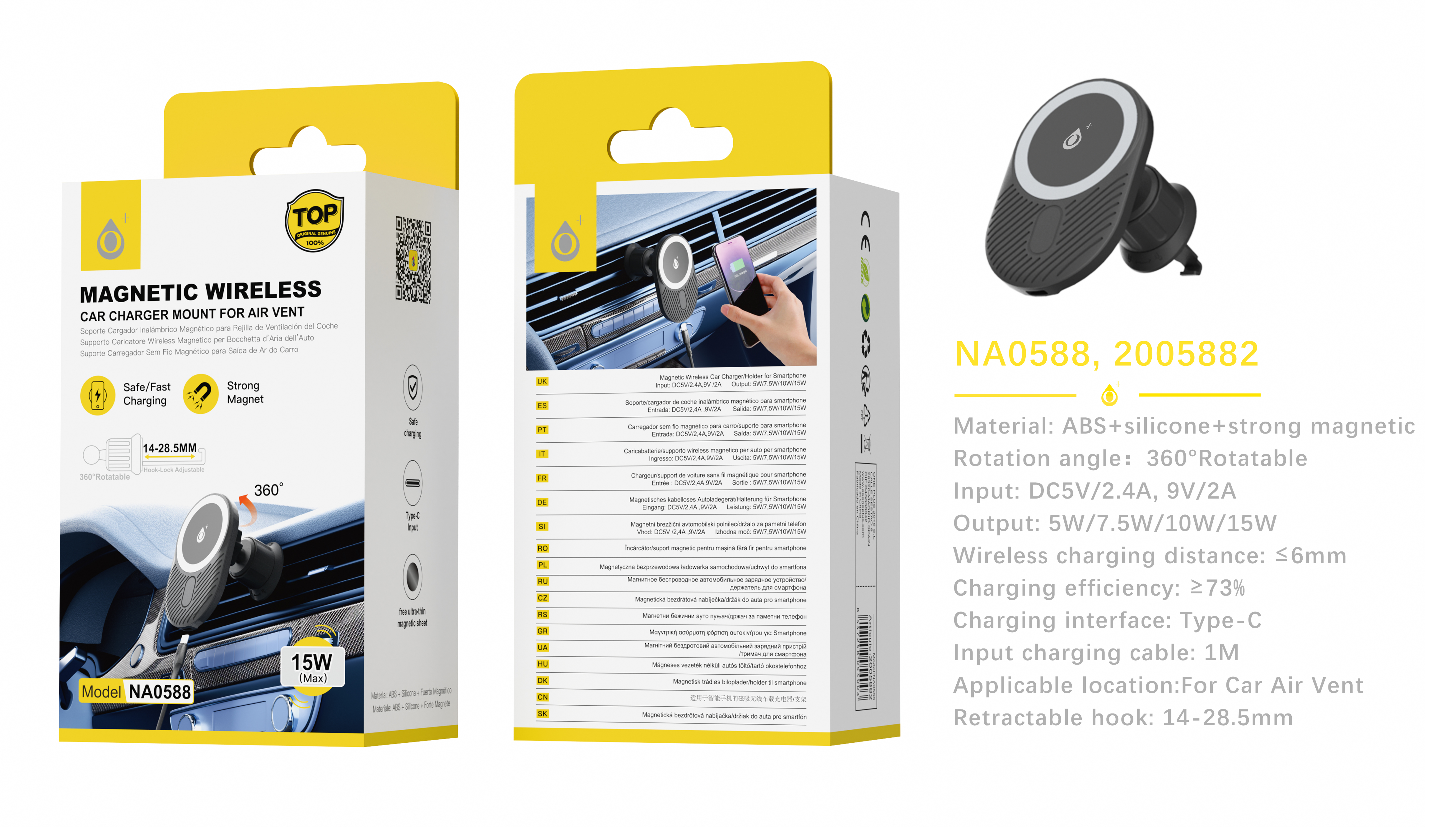 NA0588 NE Soporte Universal Magnetico de movil para airvent de coche, Soporta Carga Inalambrico 15W