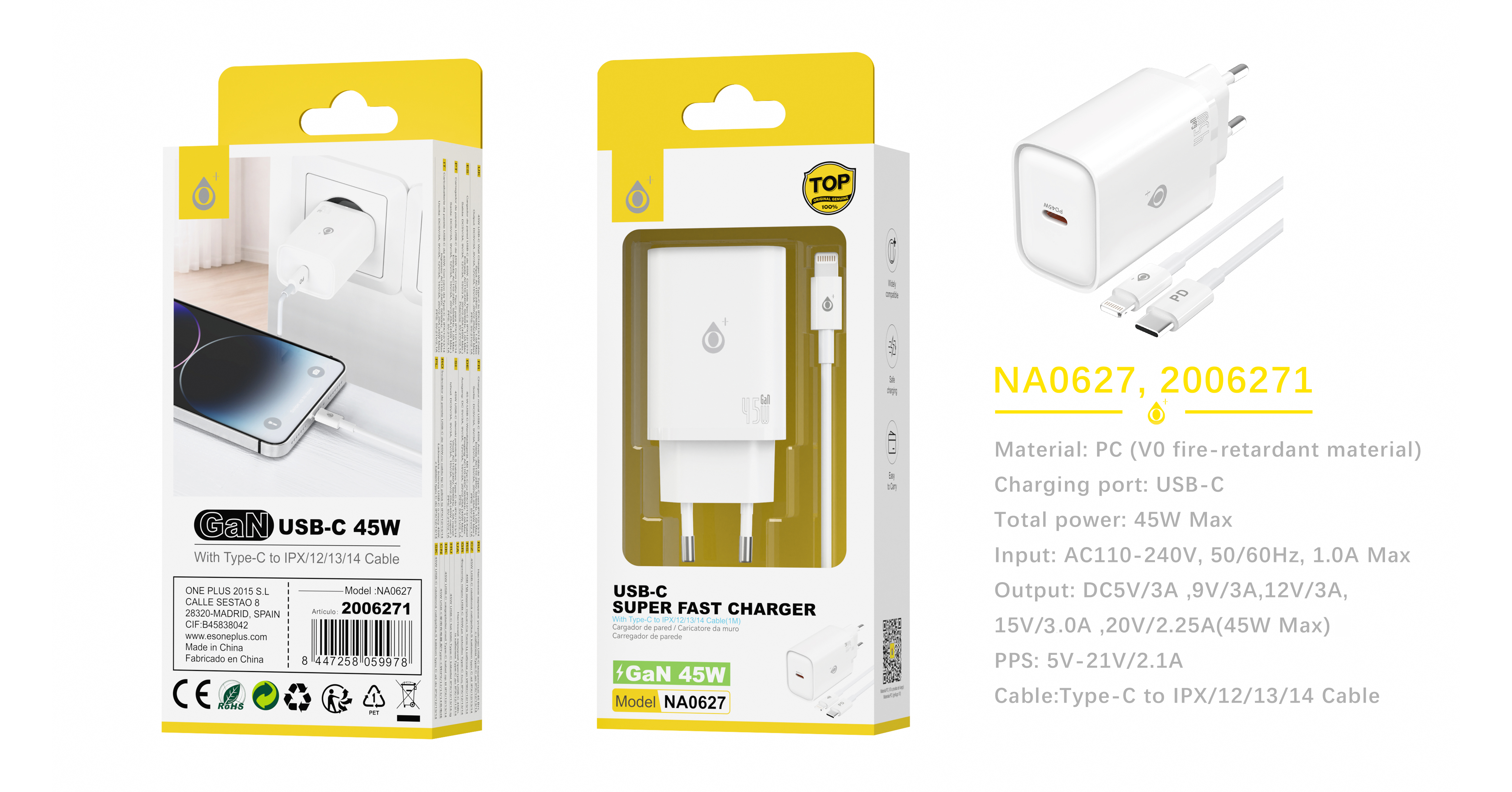 NA0627 BL 45W Lorp Cargador de pared GaN puerto Type-C Con cable Type-C a iPhone Blanco
