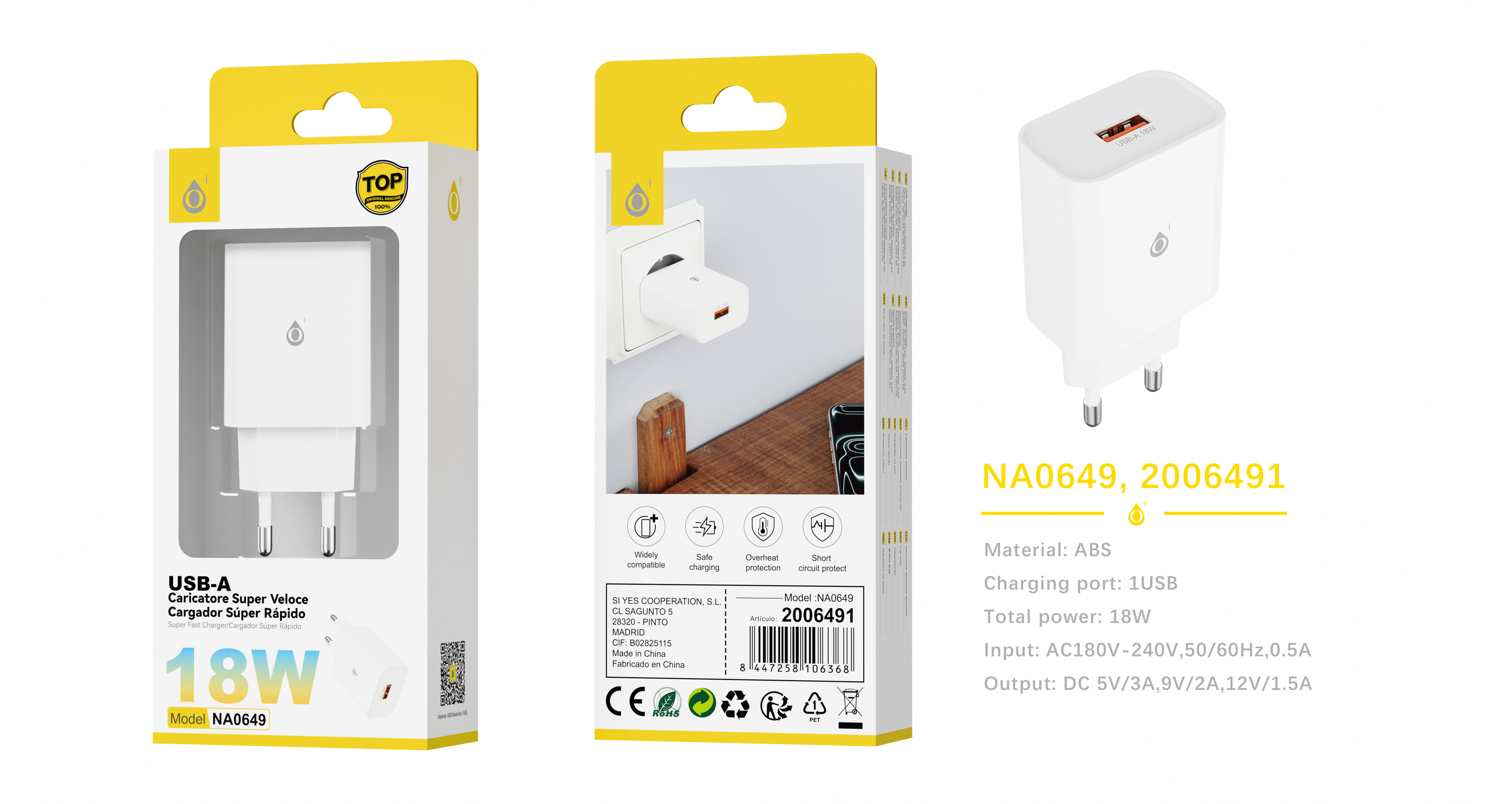 NA0649 BL Cargador de red rapida , 1 puerto USB-A QC3.0 ,  Sin cable, 18W/3.4A(Max), Blanco