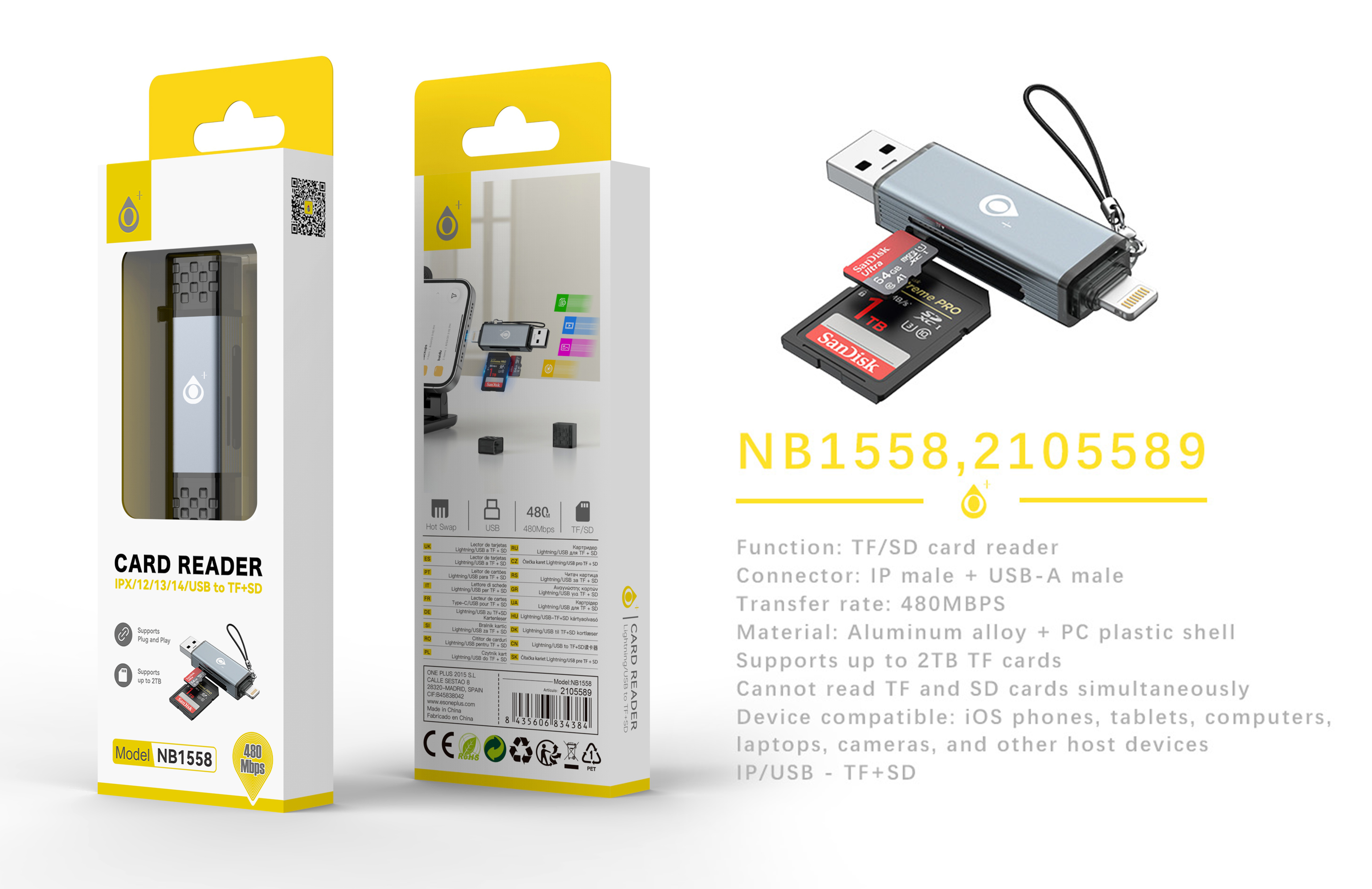 NB1558 GR Lector de tarjeta con doble conector USB/Iphone para SD/TF, 480Mbps, Gris