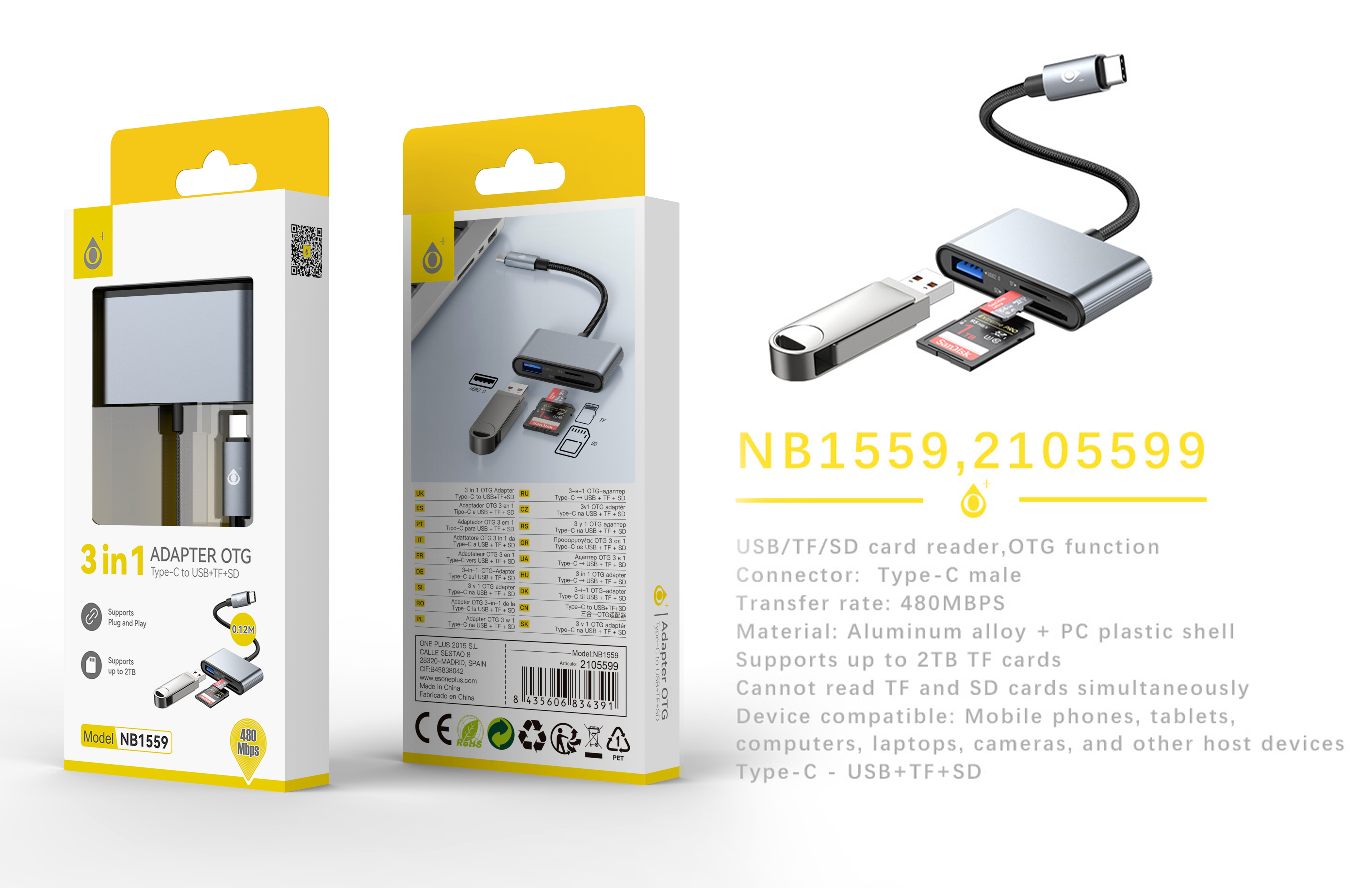 NB1559 GR Lector de tarjeta OTG Type-C para SD/TF/USB, 480Mbps, Gris