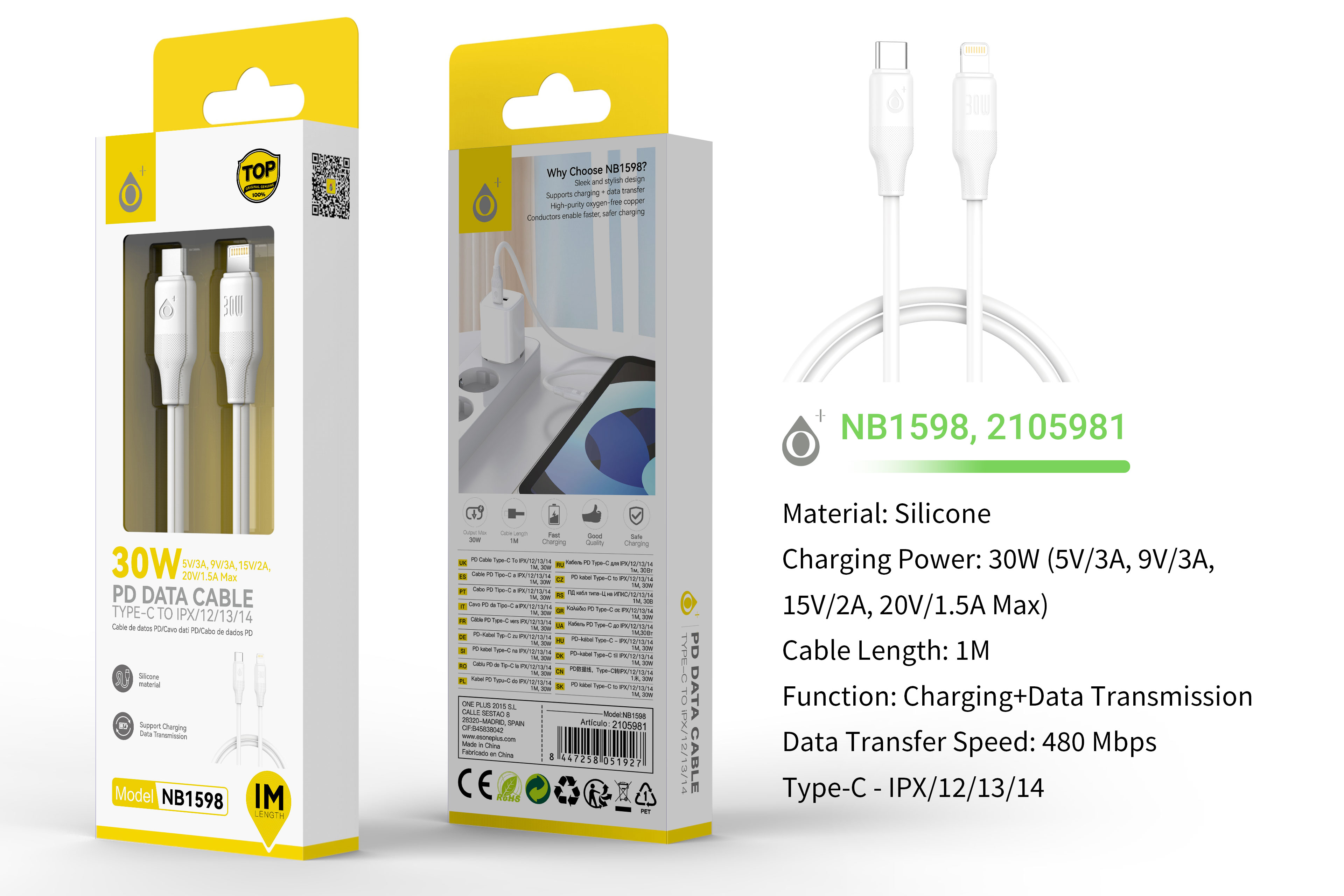 NB1598 BL Cable de Datos Filero de silicona, Type-C a Iphone, Carga rapida PD 30W/20V/1.5A, Cable 1M