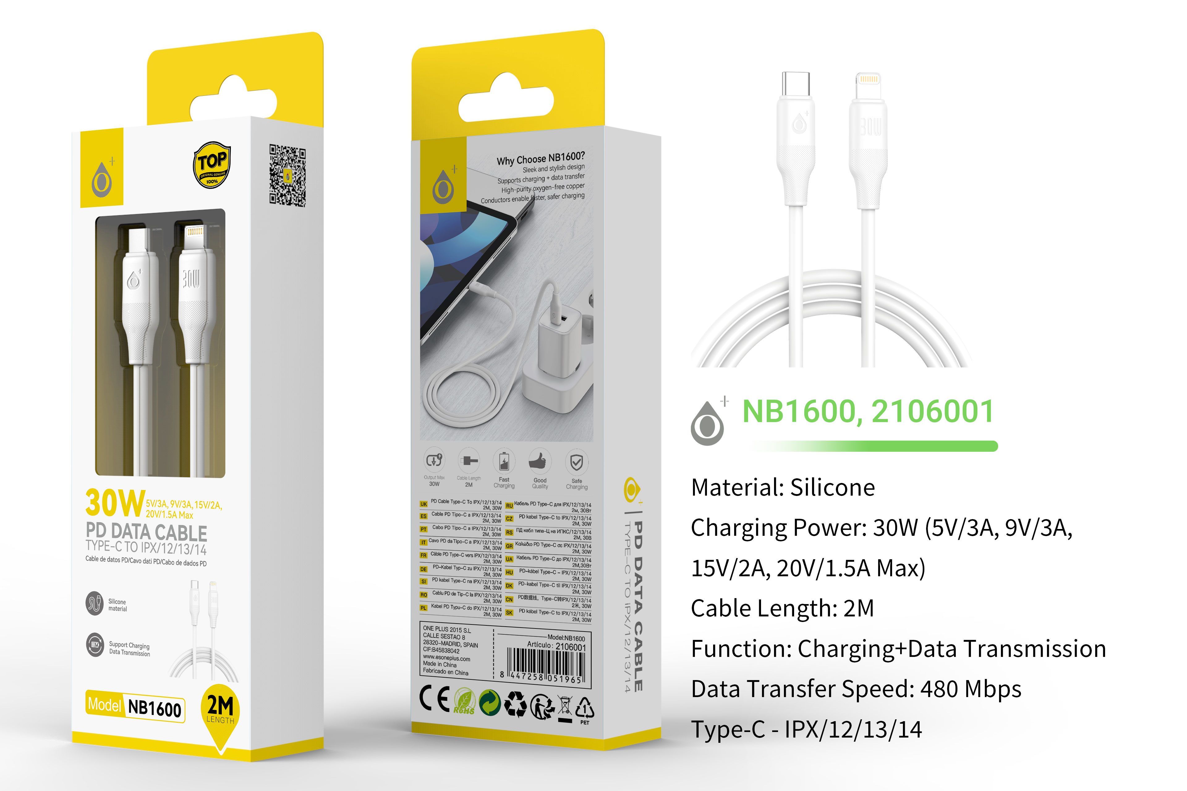 NB1600 BL Cable de Datos Filero de silicona Type-C a Iphone, Carga rapida PD 30W/20V/1.5A, Cable 2M,