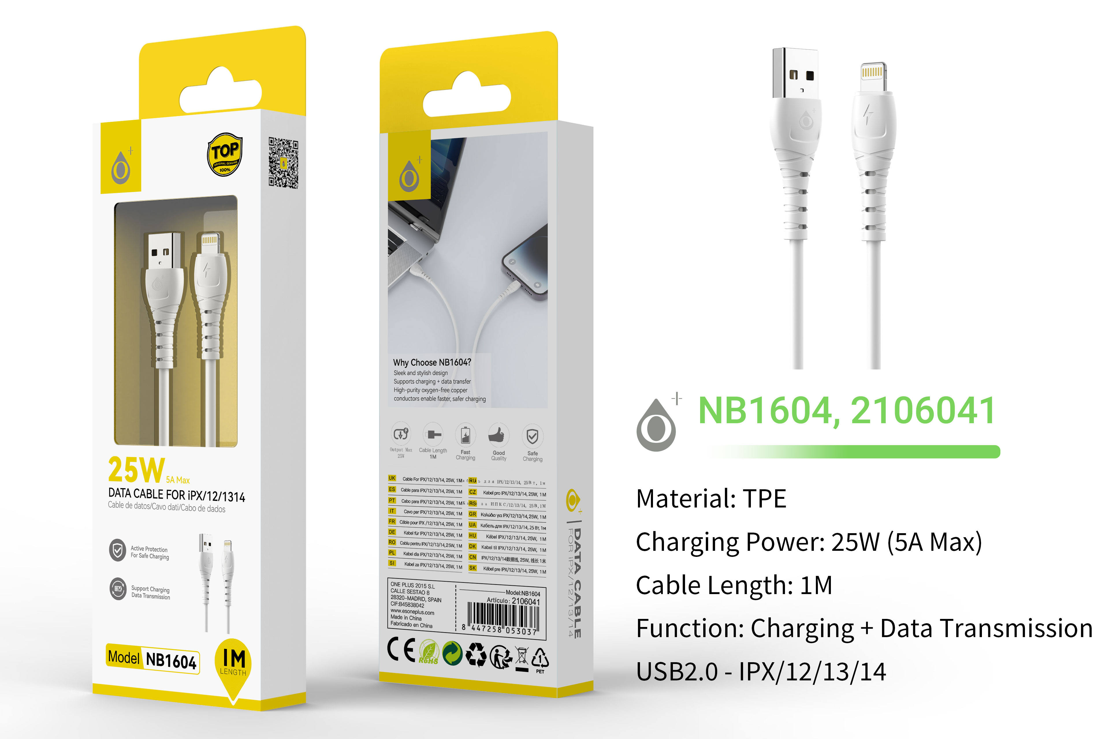 NB1604 BL Cable de Datos Limi para Iphone 5-14, Carga rapida 25W/5A,Cable 1M, Blanco