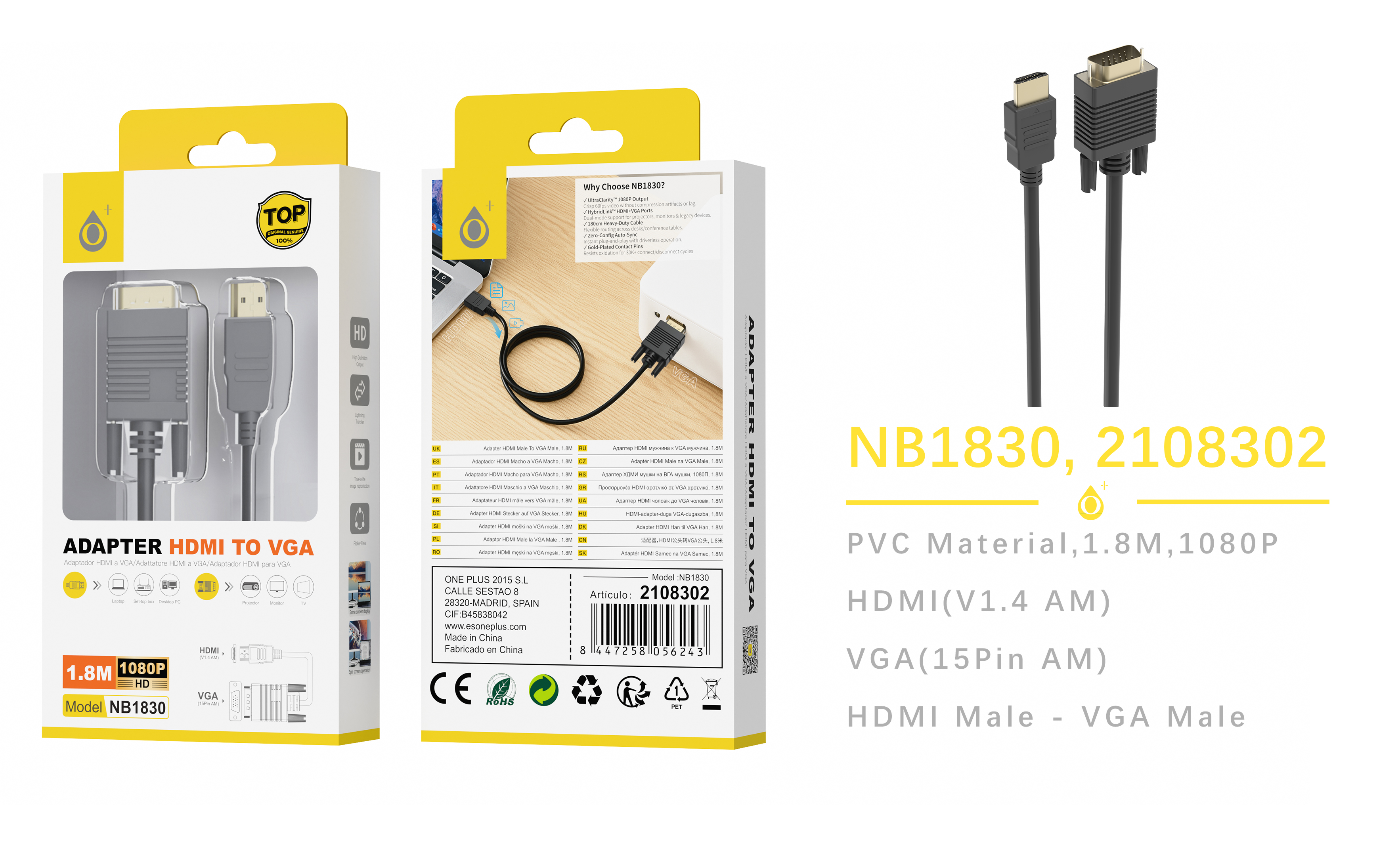 NB1619 NE Cable de HDMI a VGA 1.8M,Negro