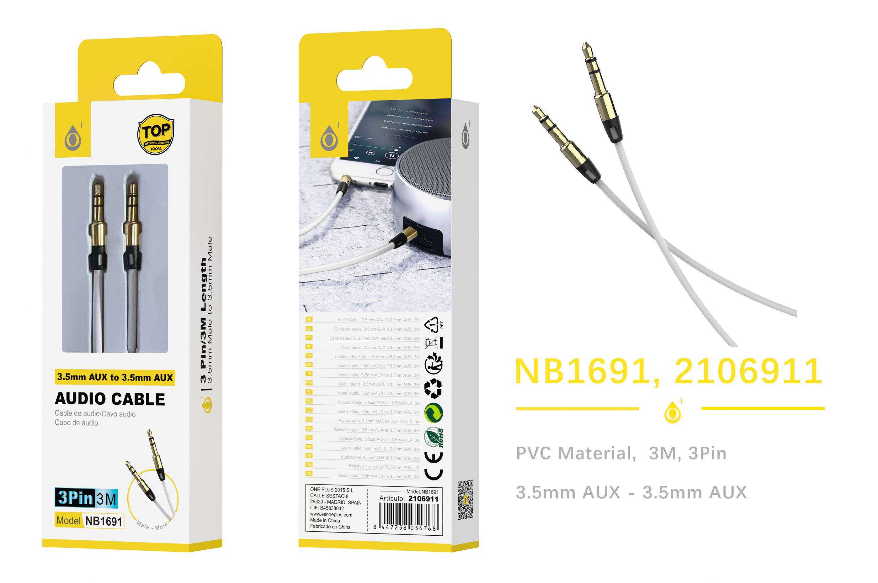 NB1691 BL Cable Audio Jack 3,5mm/3Pin, 3M, Blanco