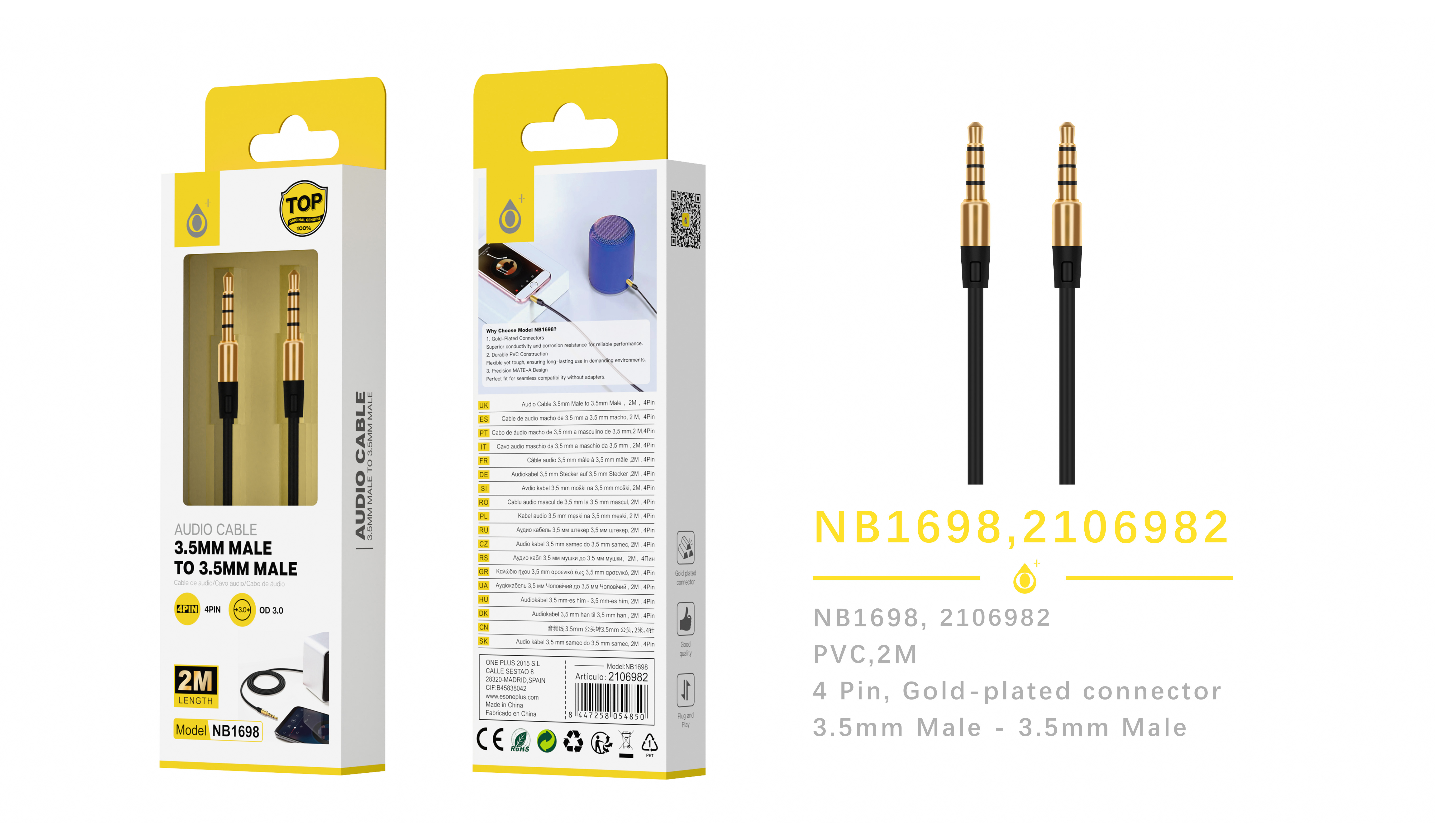 NB1698 NE  Cable de audio 3.5mm , 4Pin Macho a macho 2M , Negro