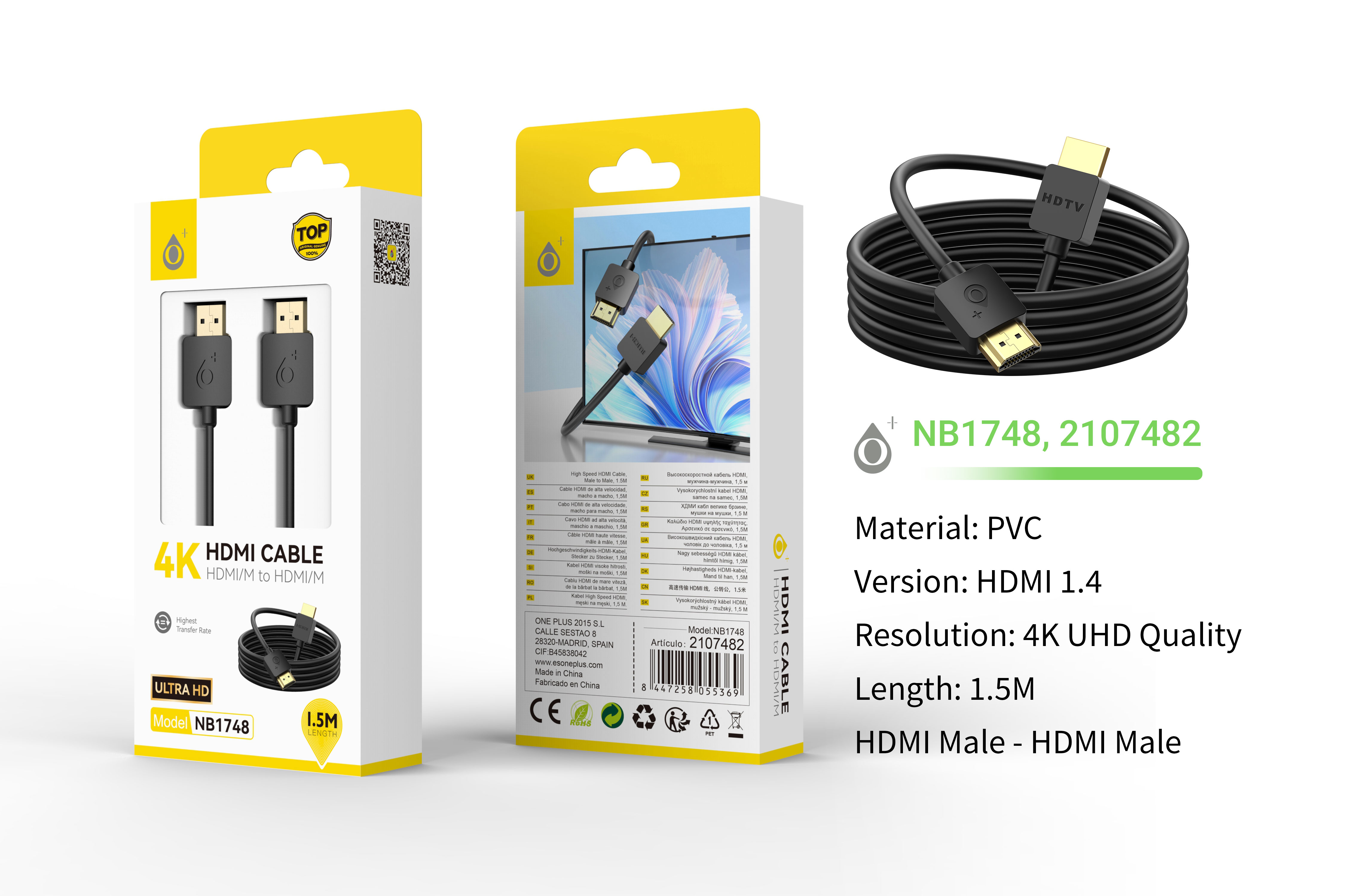 NB1748 NE Cable de HDMI 4K 1080P,  Cable 1.5M, Negro