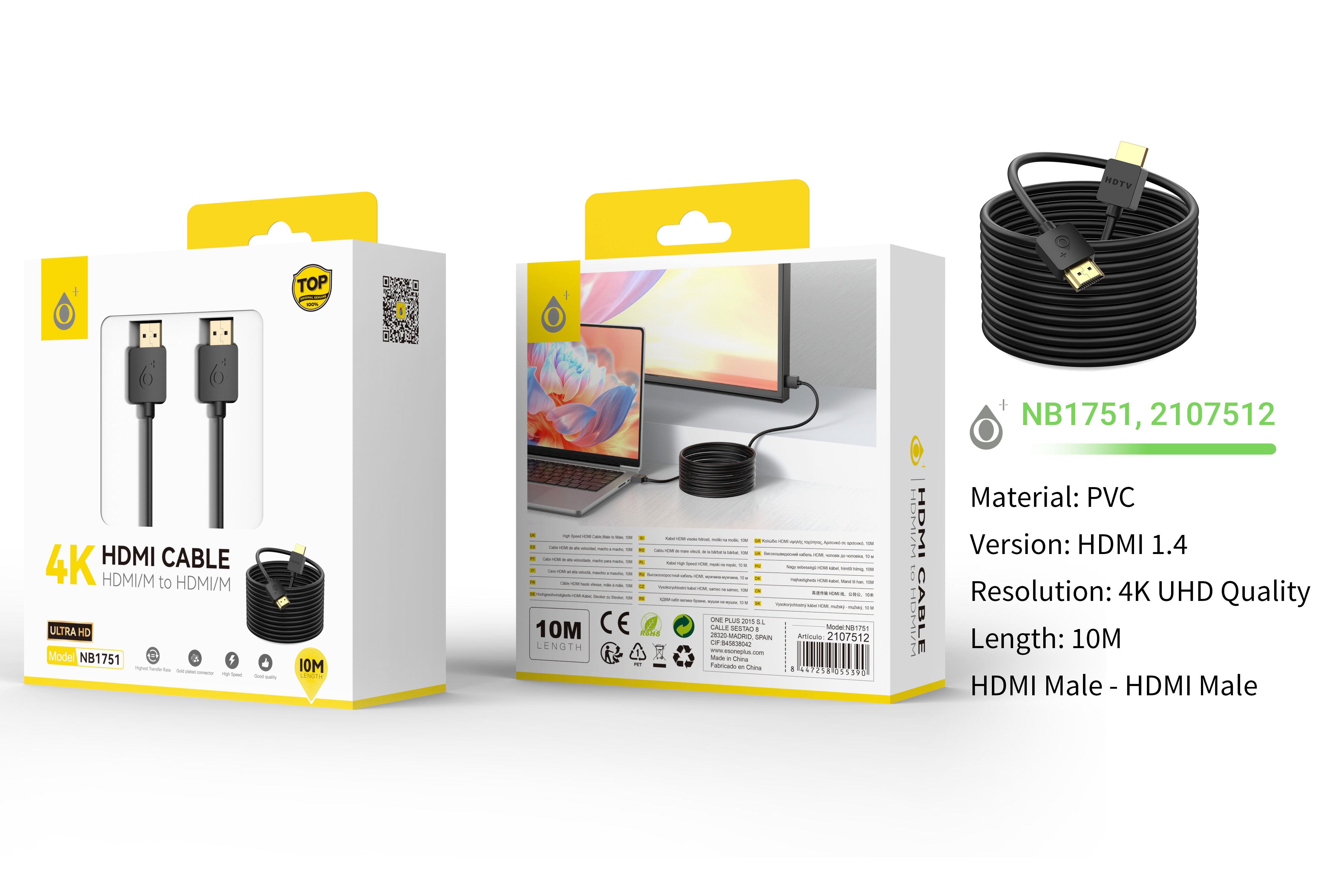 NB1751 NE Cable de HDMI 4K 1080P,  Cable 10M, Negro