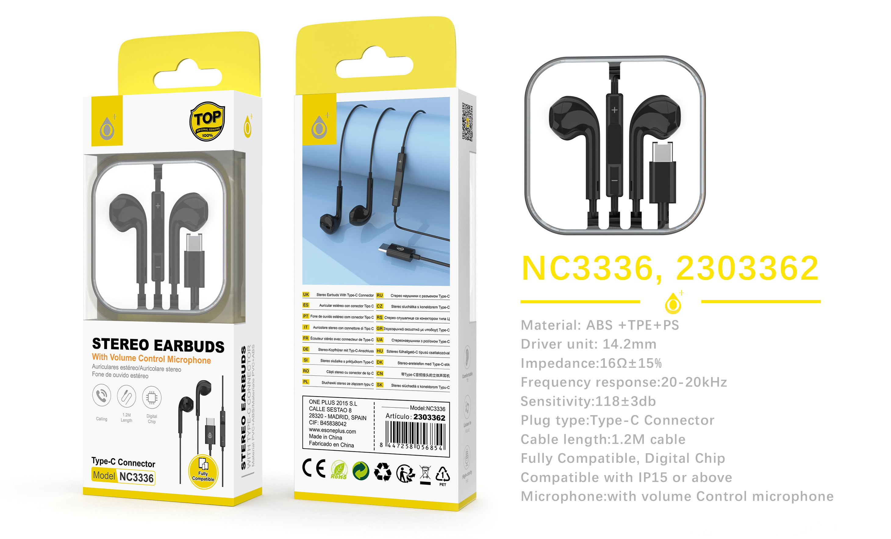 NC3336 BL Auricular Type-C Box con microfono y control de volumen, Cable 1.2m