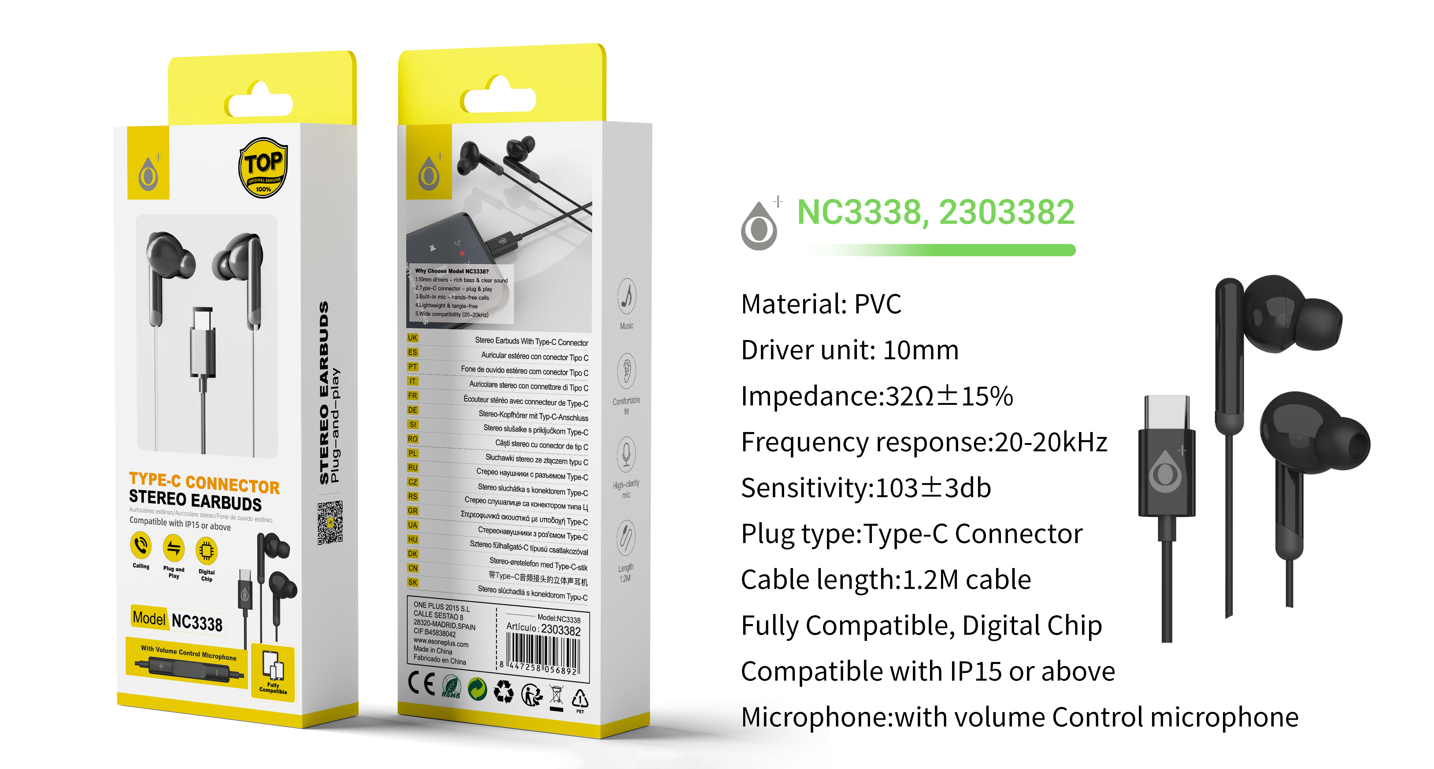NC3338 NE Auricular Type-C Cort con Microfono y Control de Volumen, Cable 1.2m, Negro