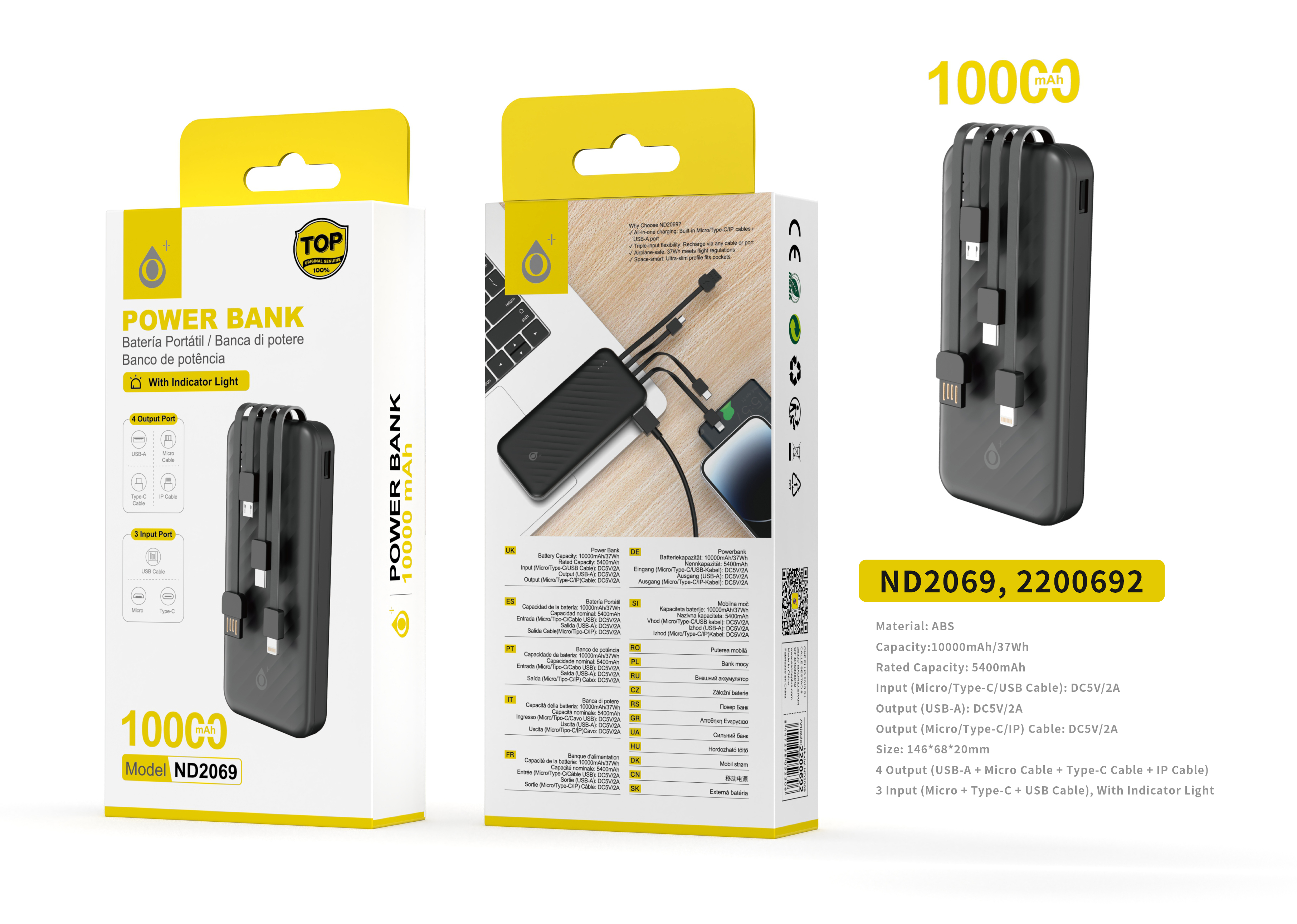 ND2069 NE 10000mAh/37wh Powerbank con 3 entrada(Micro/Type-C/cable USB) 4 salida(Cable Micro/Iphone/Type-C/USB-A), Negro