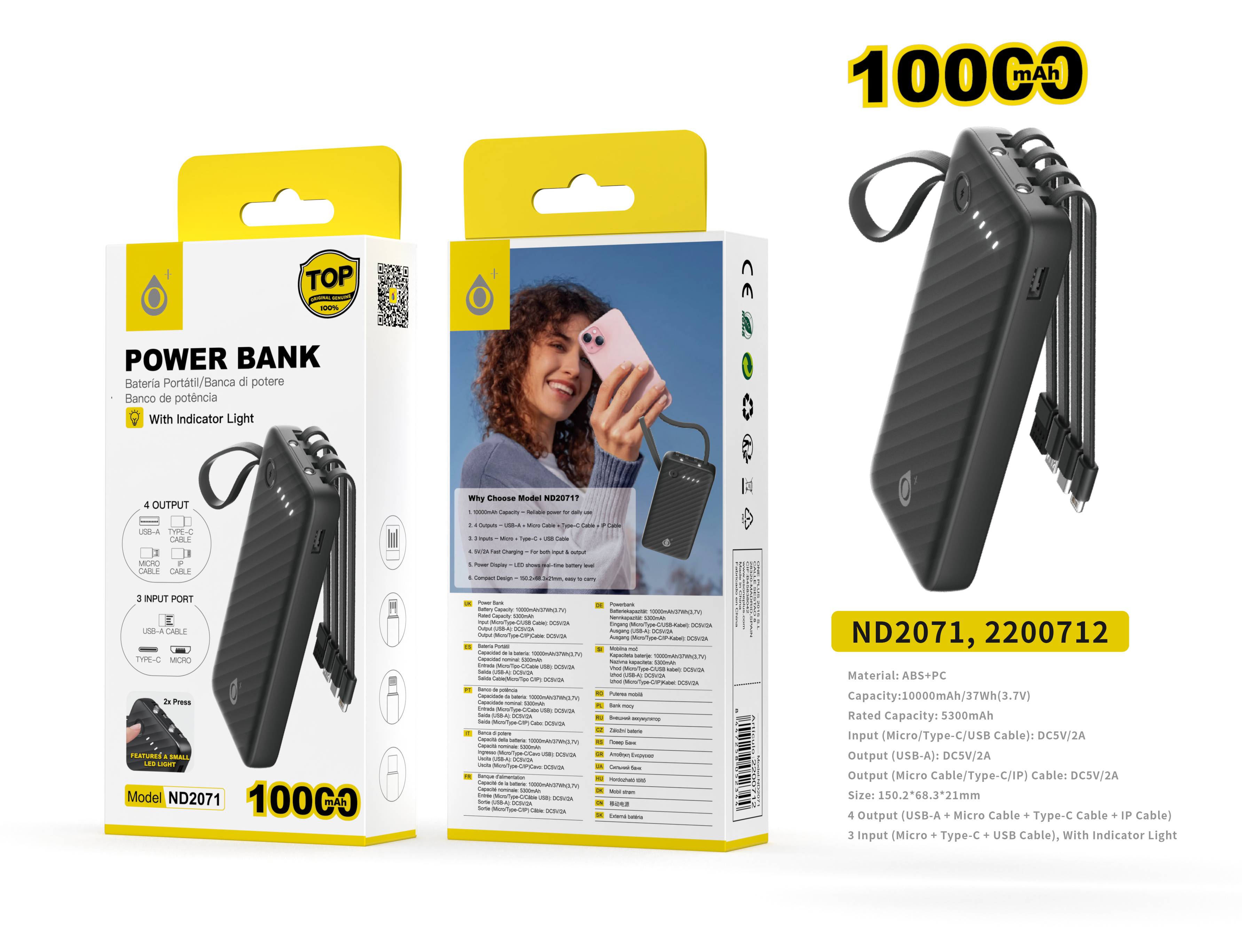 ND2071 BL 10000mAh/37wh Powerbank con 3 entrada(Micro/Type-C/cable USB) 4 salida(Cable Micro/Iphone/Type-C/USB-A), Blanco