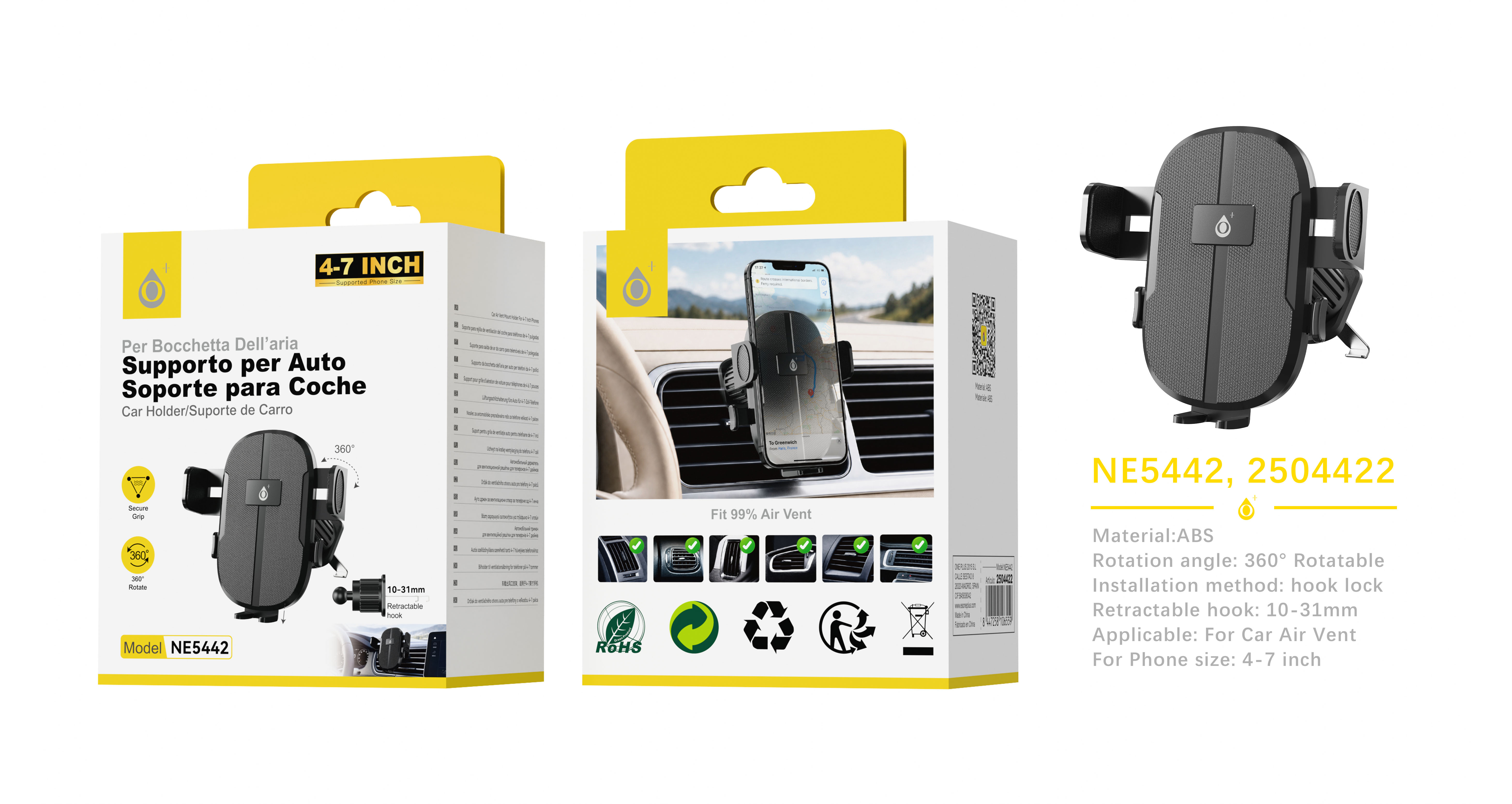 NE5442 NE Soporte universal airvent de coche, 360¡ã rotacion, Retractil 10-31mm, para movil 4-7 pulgadas, Negro