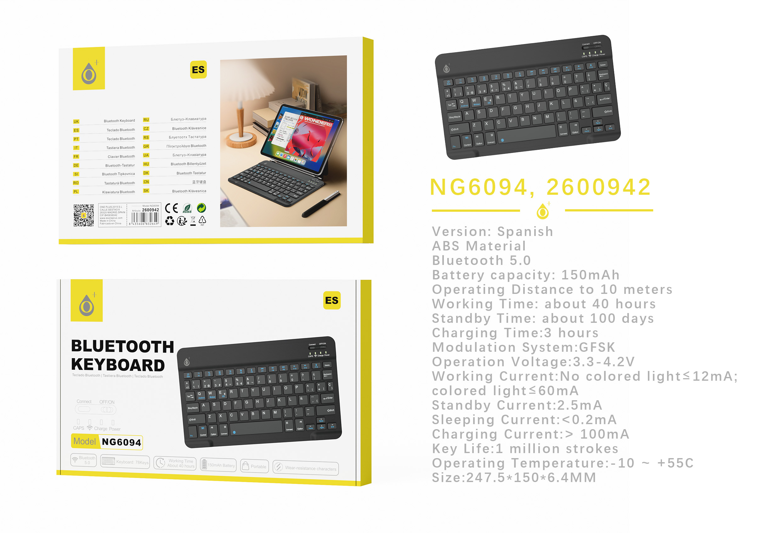 NG6094 NE Mini Teclado Espanol inalambrico con Bluetooth5.0 , 78 Keys, Bateria 150mAh£¬Negro