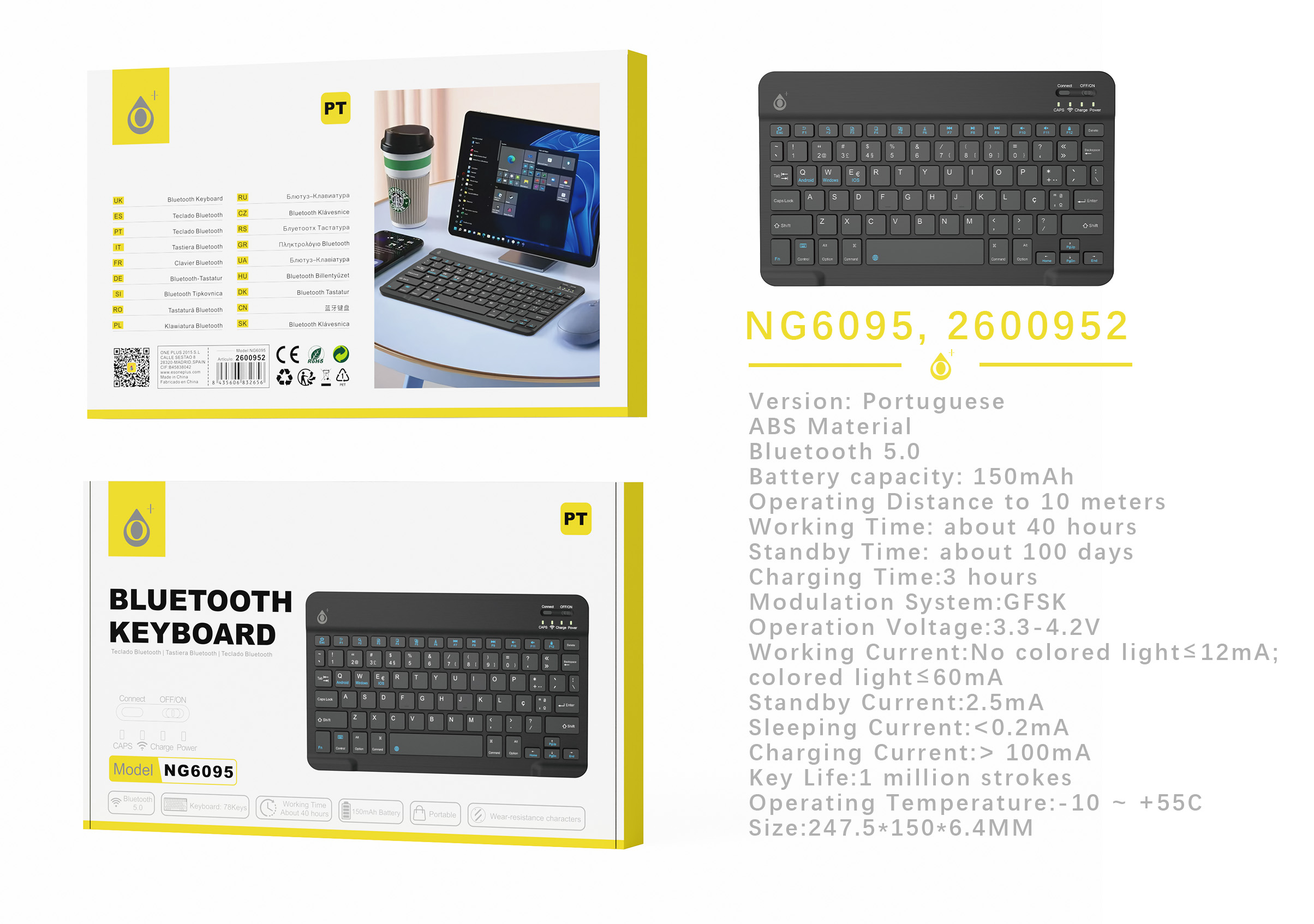 NG6095 NE Mini Teclado Portugues inalambrico con Bluetooth5.0 , 78 Keys, Bateria 150mAh£¬Negro