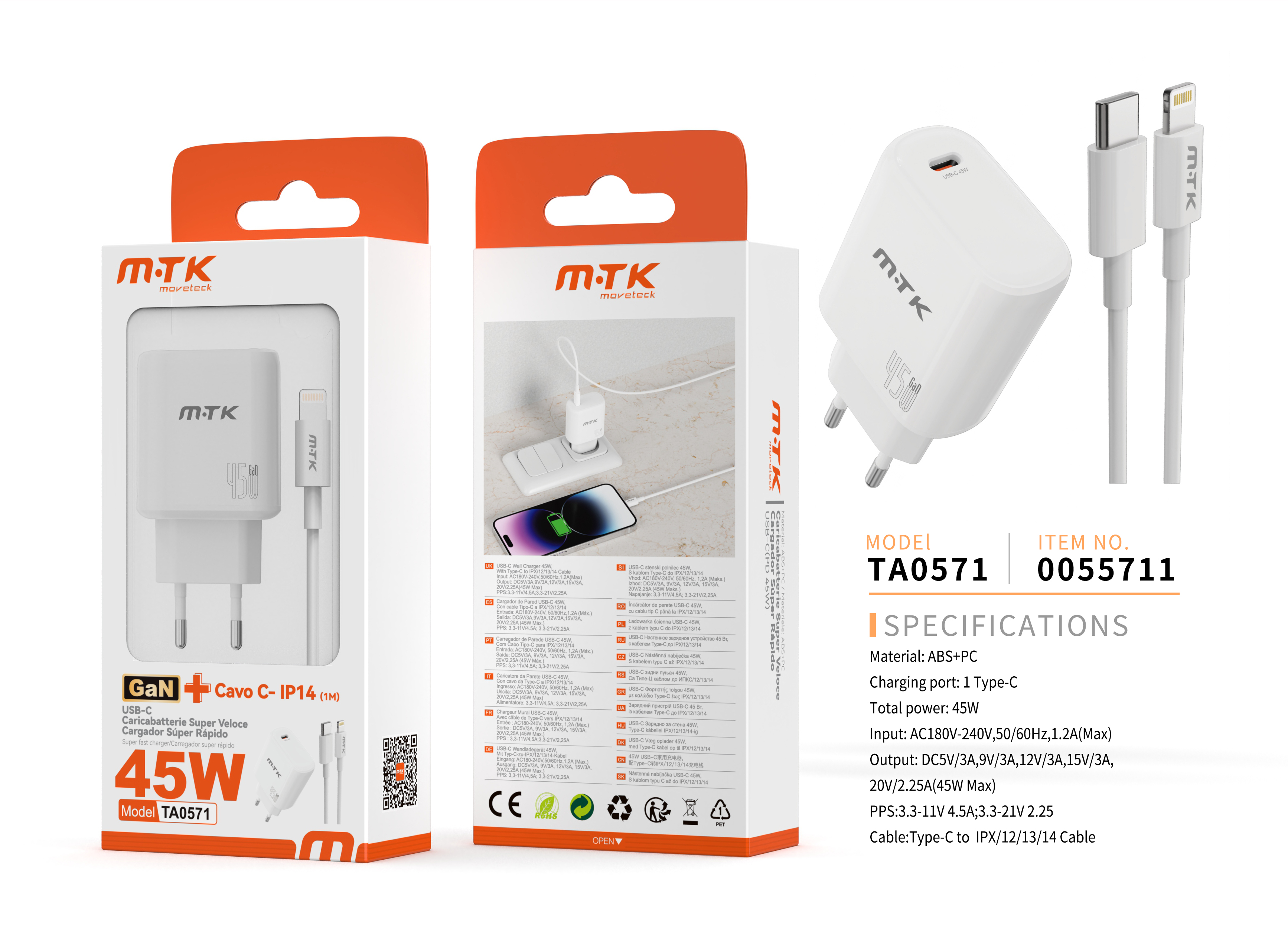 TA0571 BL 45W Cargador GaN de Red Rapida Huesp 1 Type-C PD, Con cable Iphone, Blanco