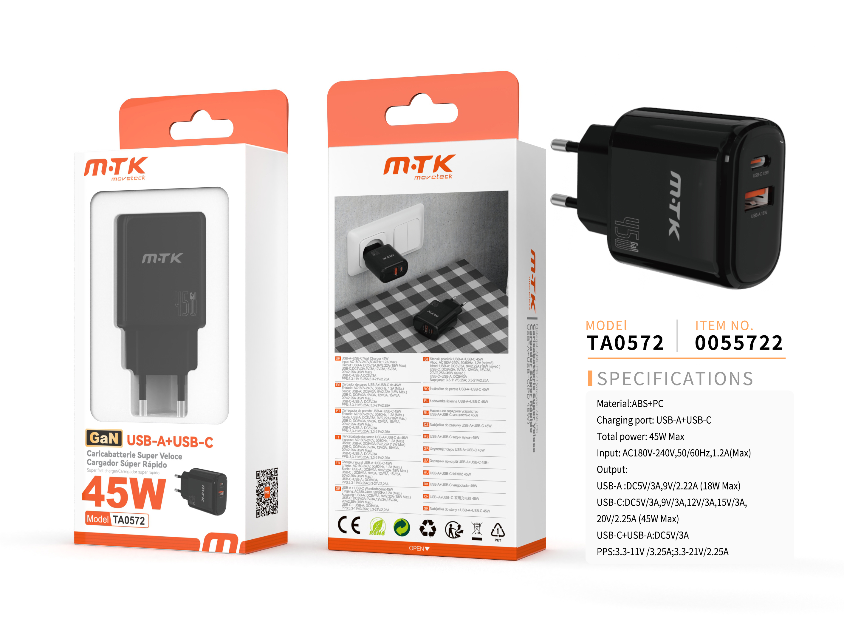 TA0572 NE 45W Cargador GaN de Red Rapida Huesp 1 Type-C + 1 USB-A, Sin cable, Negro