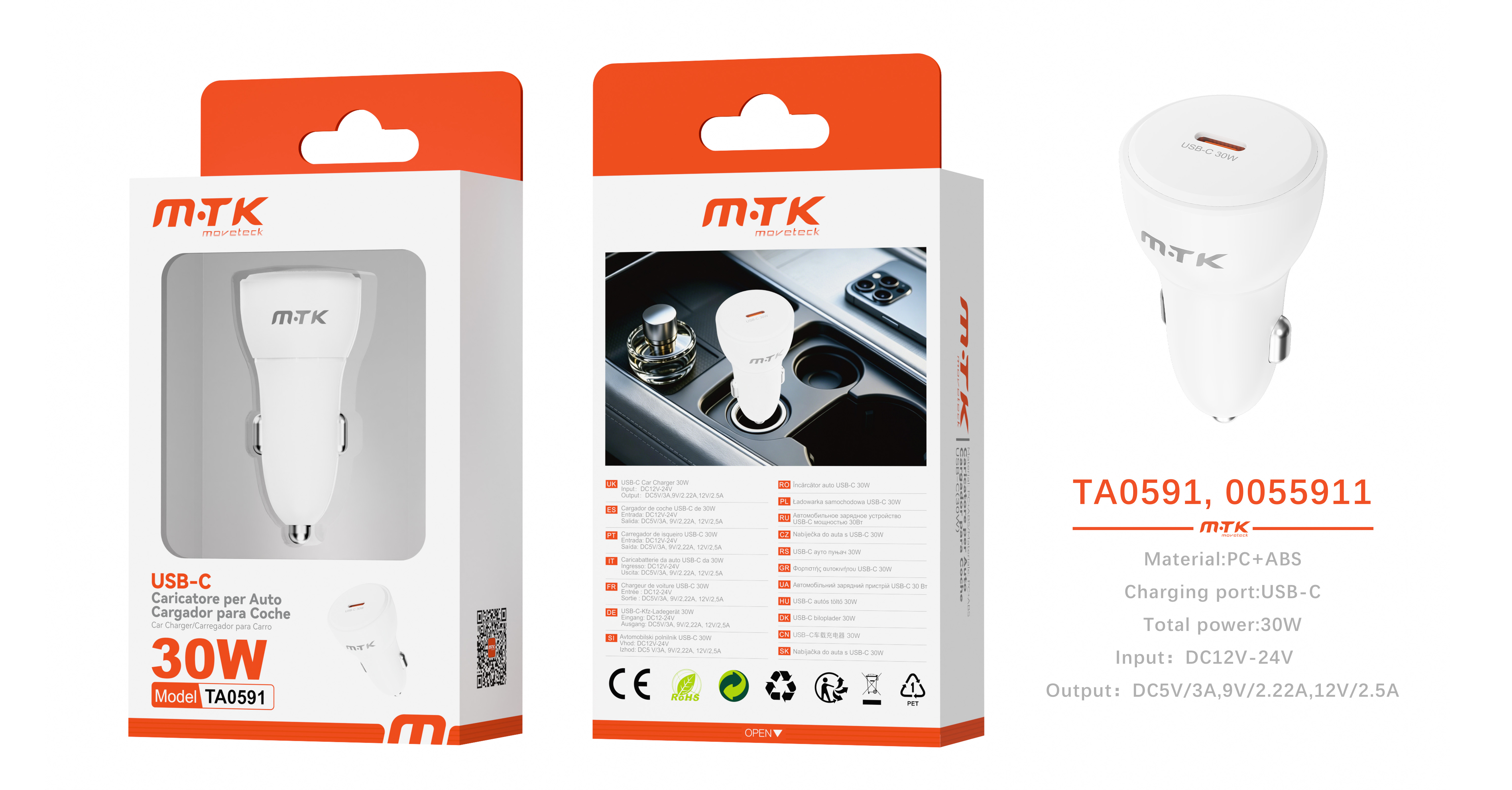 TA0591 BL 30W Qiick Cargador de coche con carga rapida 1 USB-C  Sin cable Blanco