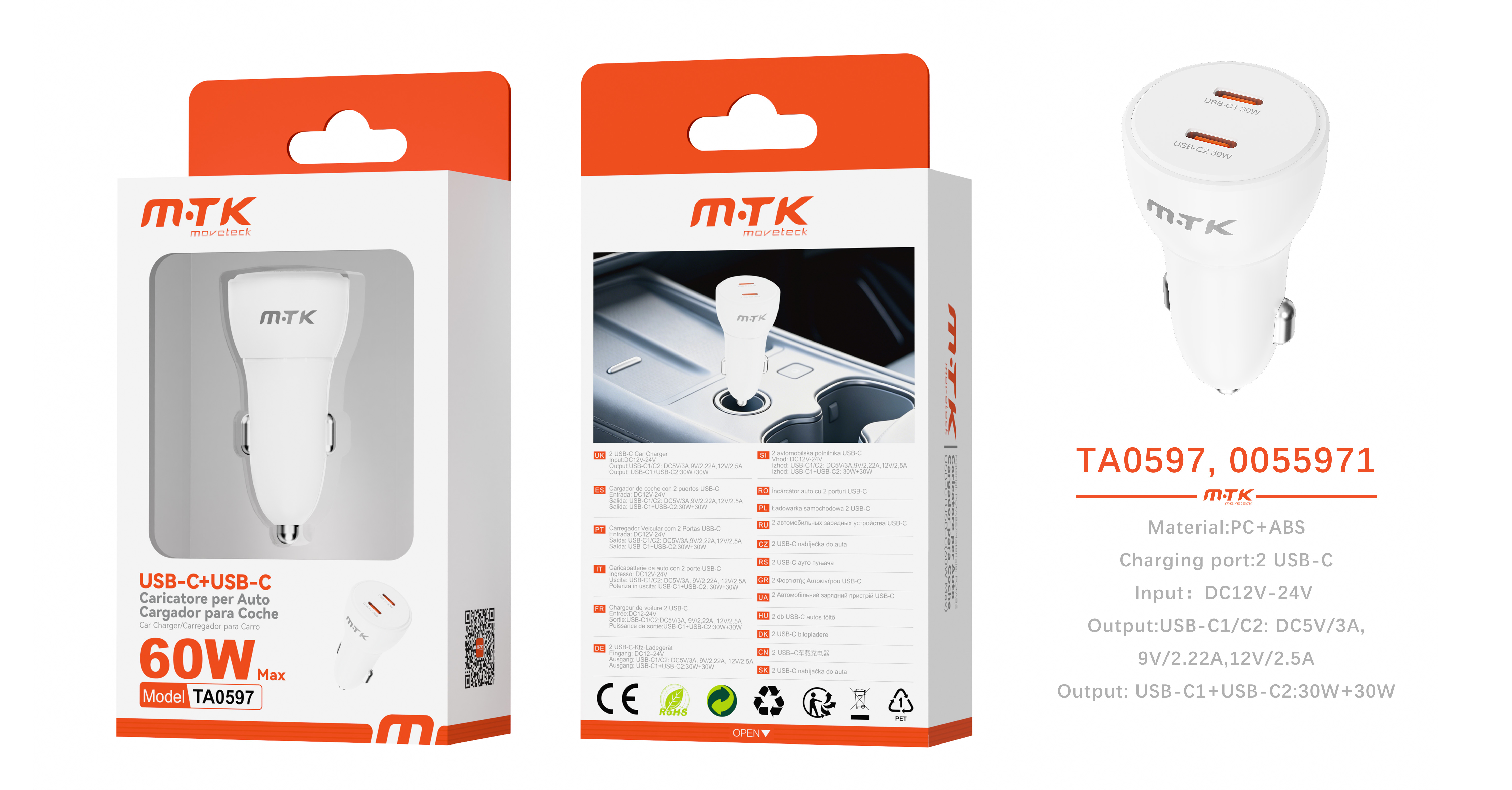 TA0597 BL 60W Qiick Cargador de coche con carga rapida Dual USB-C Sin cable Blanco