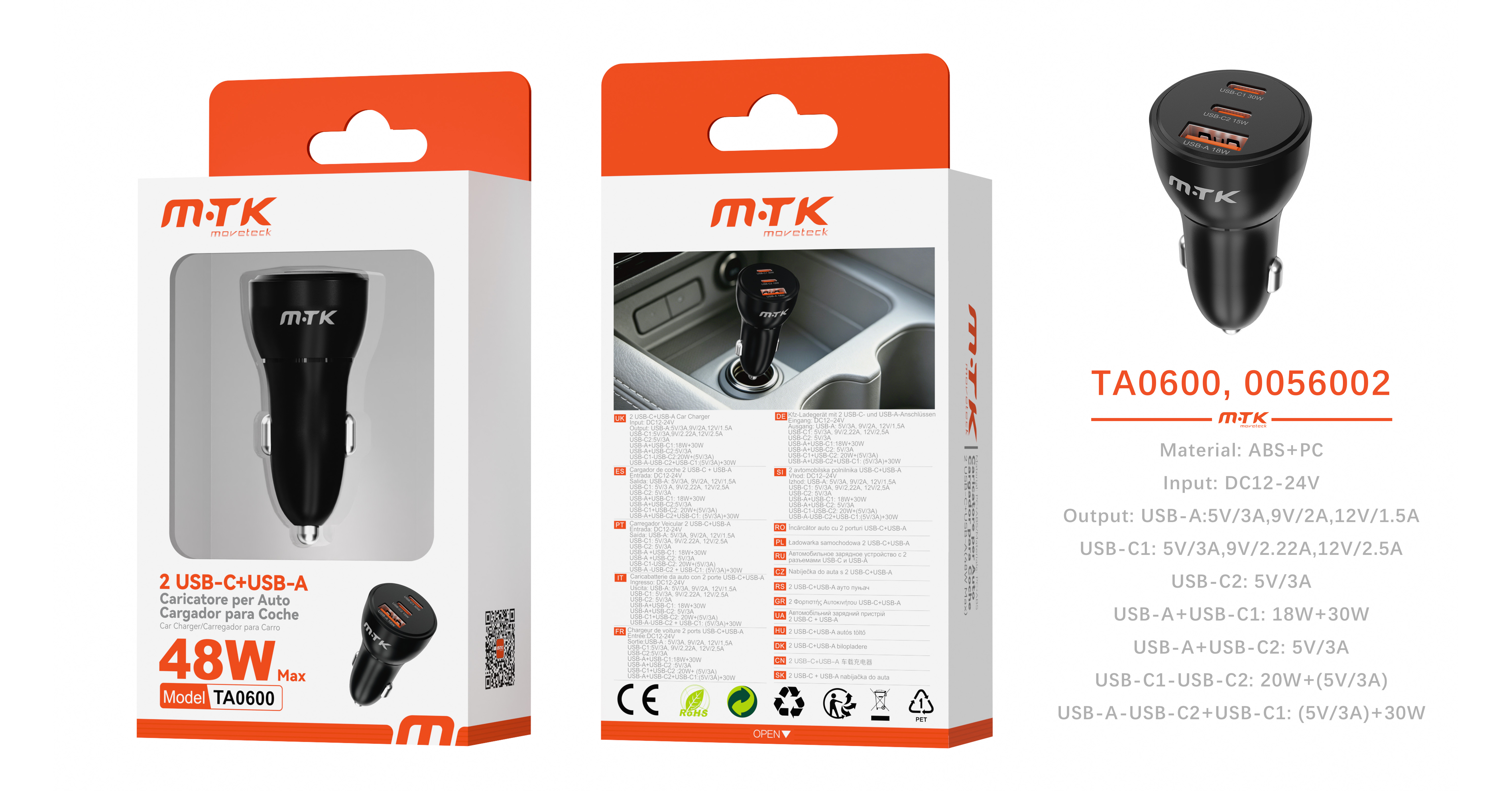 TA0600 NE 48W Qiick Cargador de coche con carga rapida Dual USB-C+USB-A Sin cable Negro