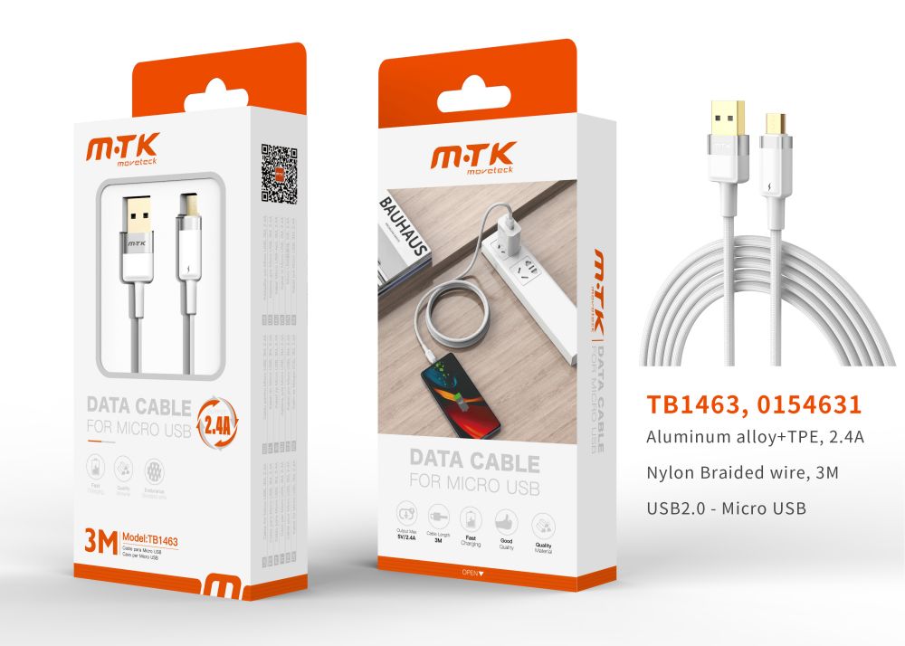 TB1461 BL Luxury Cable de datos Silas nylon trenzado para Iphone 5-14 , 5V/2.4A, 3M, Blanco