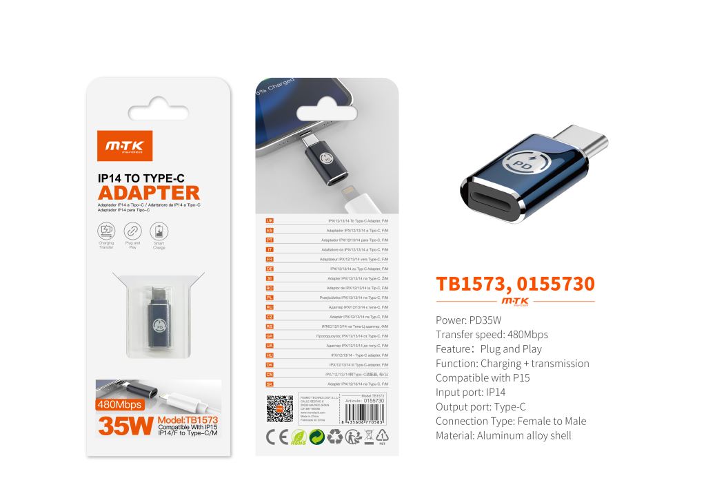 TB1573 AZ Adaptador Type-C(Macho)a lightning (Hembra), Soporta transmision de datos+carga 480Mbps/35