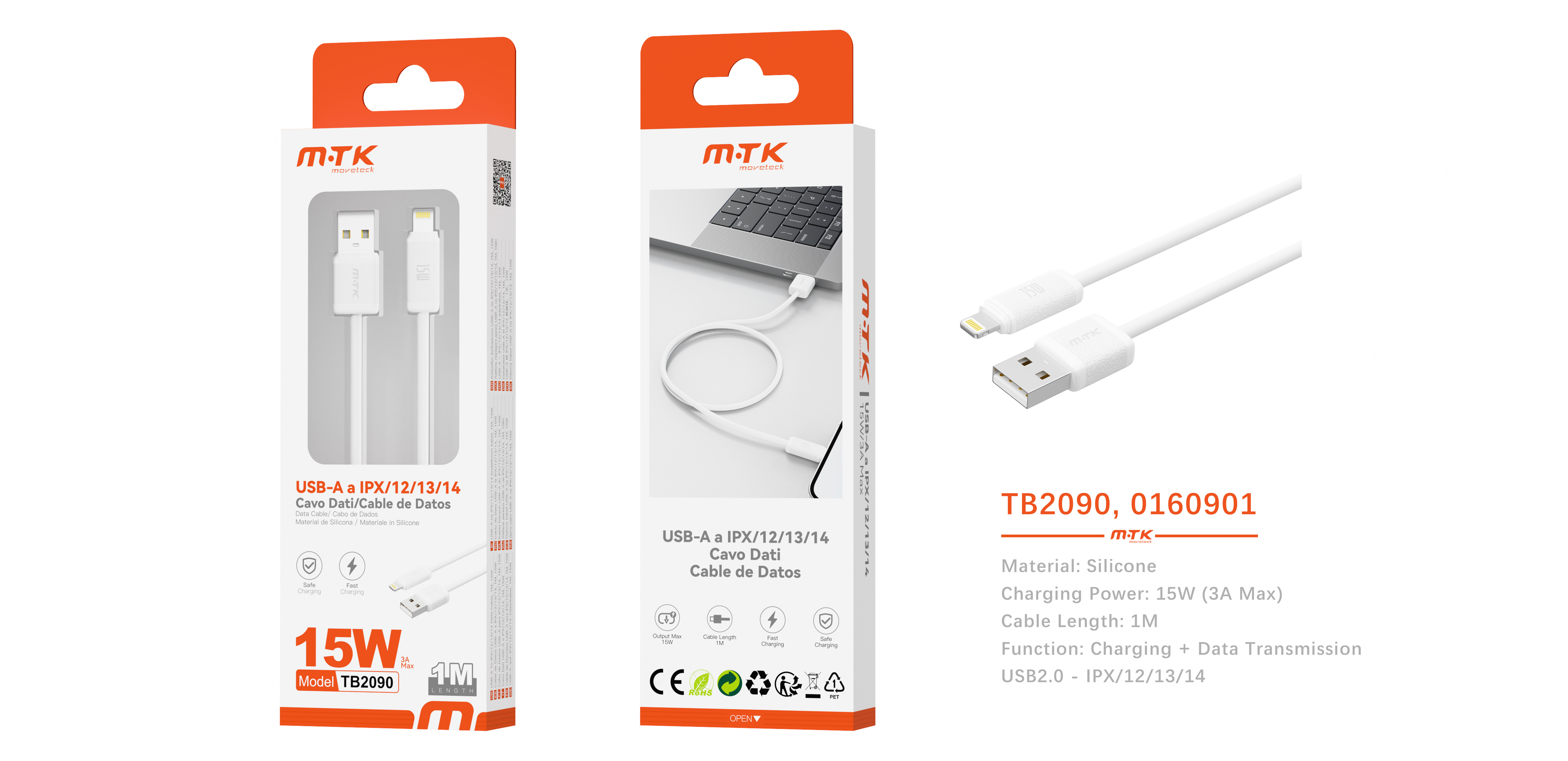TB2089 BL Cable de datos Cac de silicona para Iphone 5-14, 15W/3A, 1m, Blanco