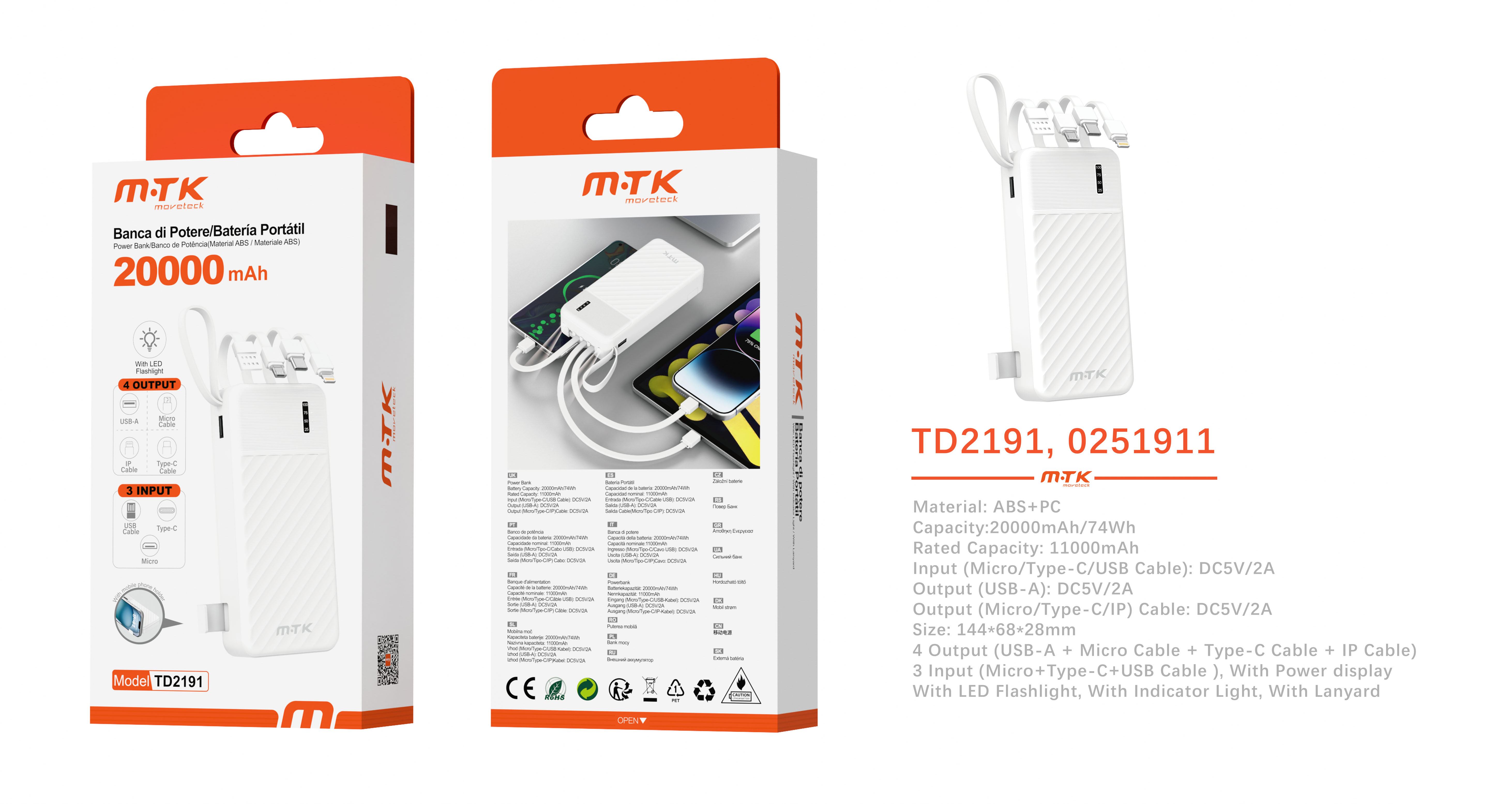 TD2191 BL 20000mAh/74wh Powerbank con indicador bateria y funcion de linterna  3 entrada(Type-C/Micro/cable USB) 4 salida(Cable Micro/Iphone/Type-C/US