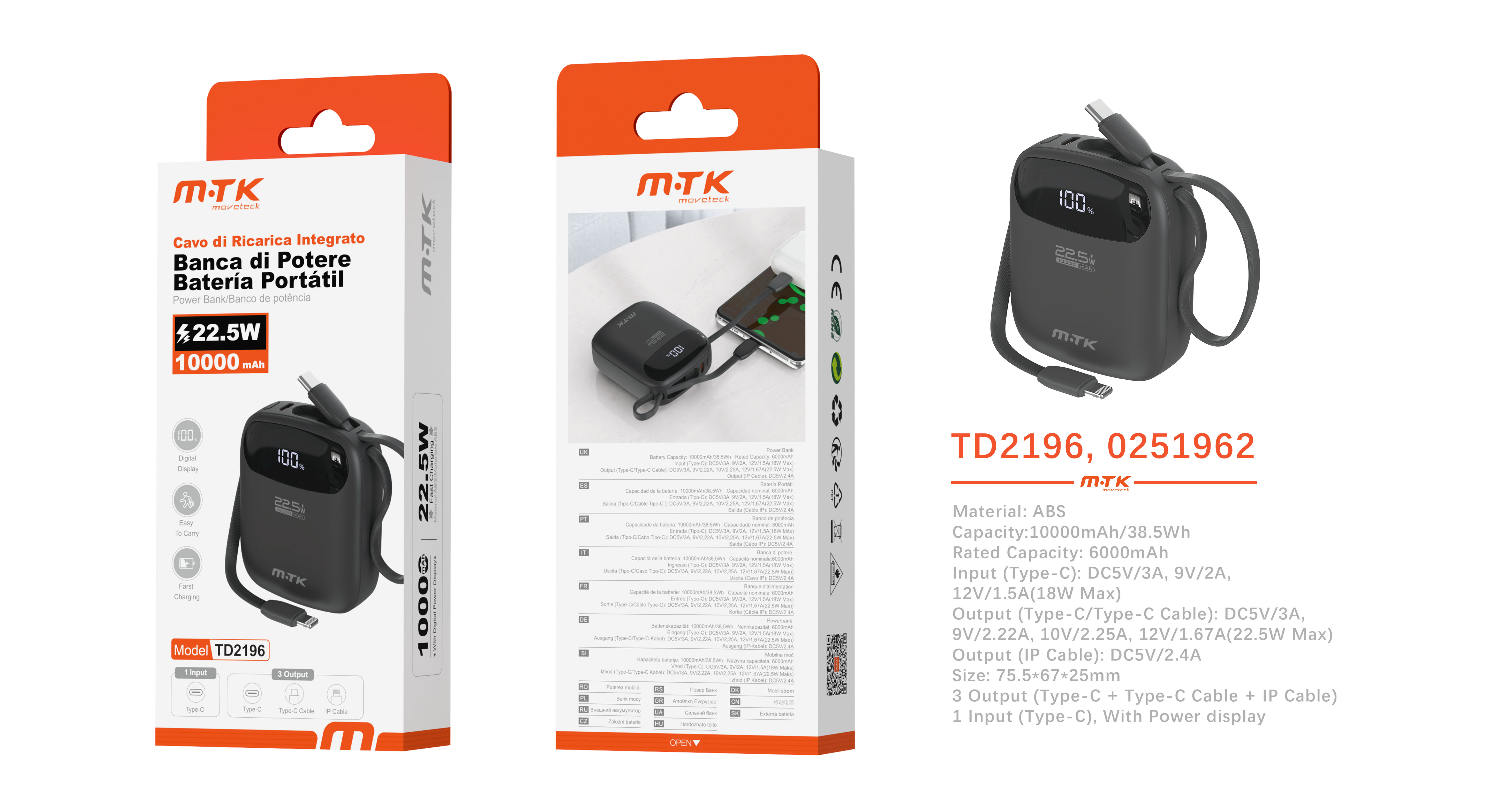 TD2196 NE 10000mAh/38.5wh/22.5WCarga rapida Powerbank con indicador bateria  1 entrada(Entrada Type-C) 3 salida(Cable Type-C+Iphone/Entrada Type-C), N