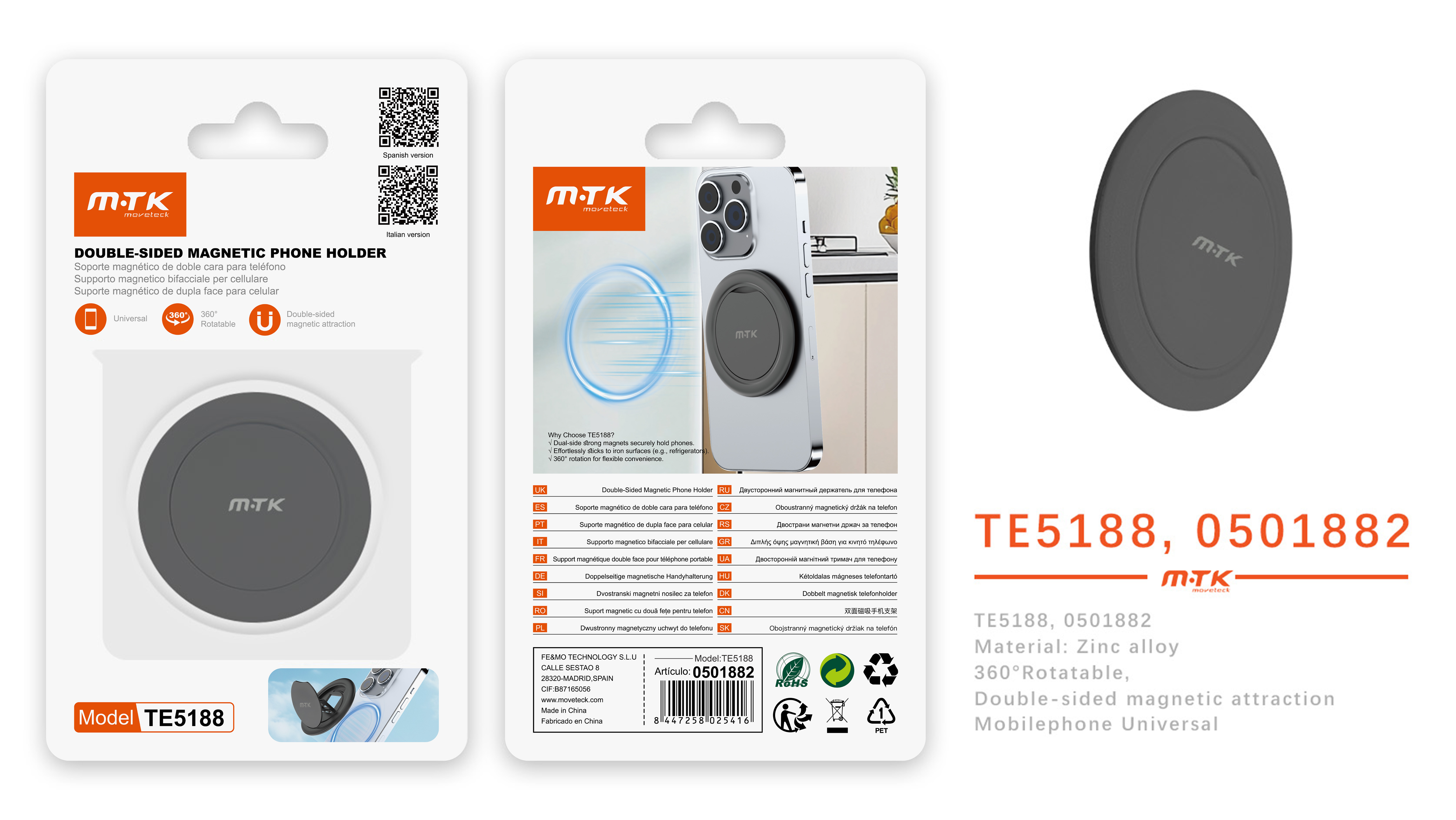 TE5188 NE Soporte magnetico de movil doble uso con giro 360¡ã, Negro