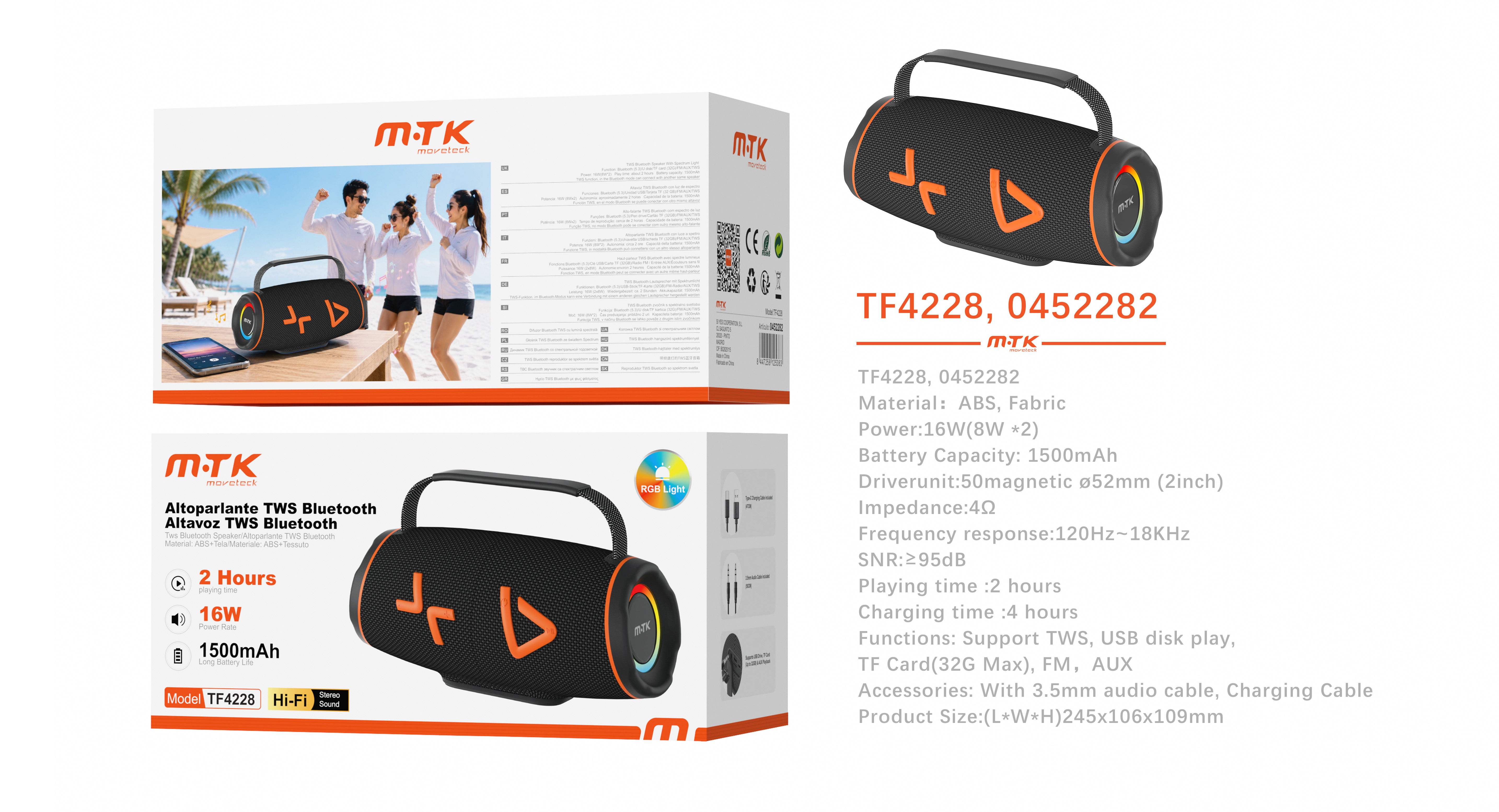 TF4228 NE 16W/1500mAh 2H de uso/TWS/HIFI altavoz Bluetoothsoporta USB/tarjeta TF/FM/AUX negro