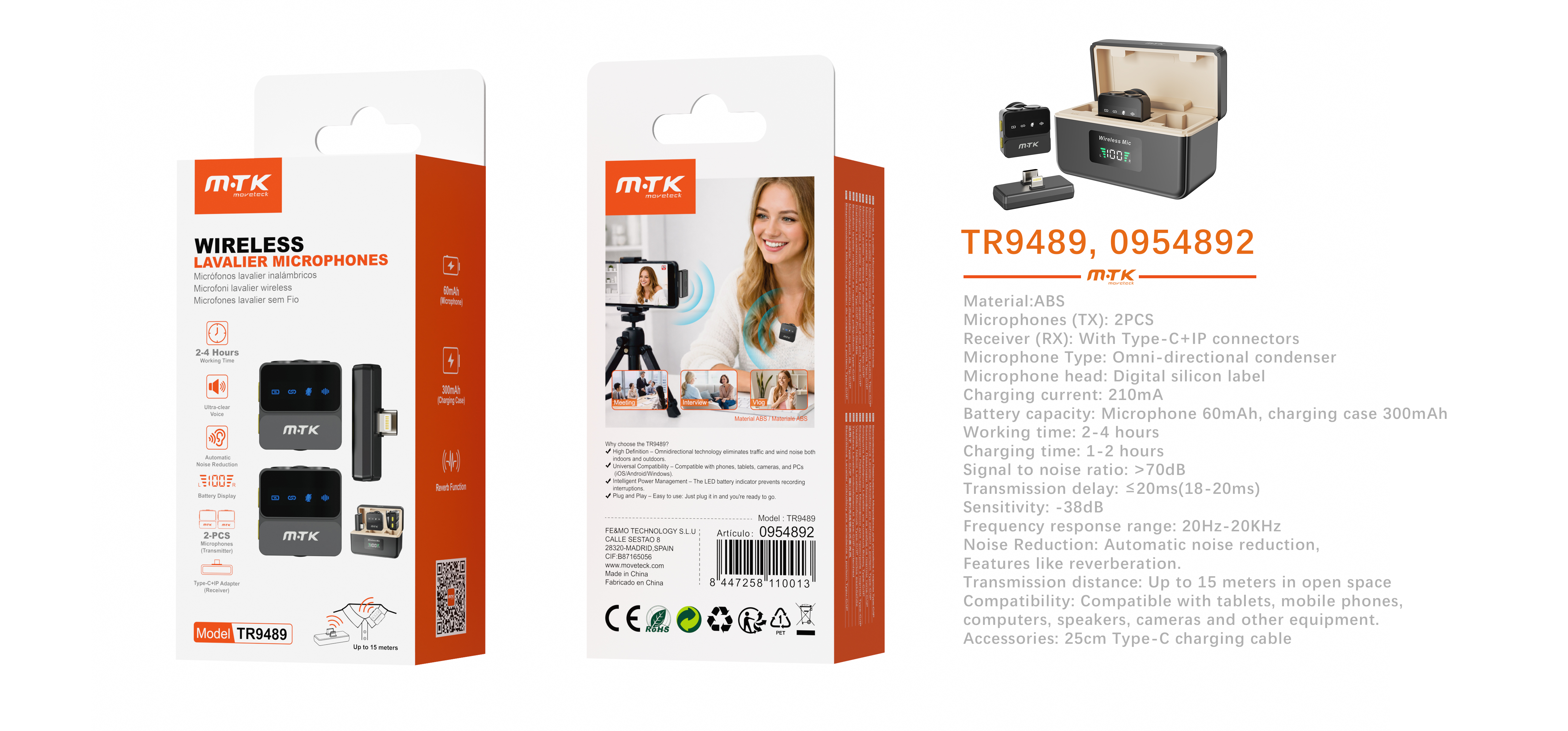TR9489 NE Microfon inalambrico con reduccion de ruido,distancia 15m,duracion 2-4h,Negro