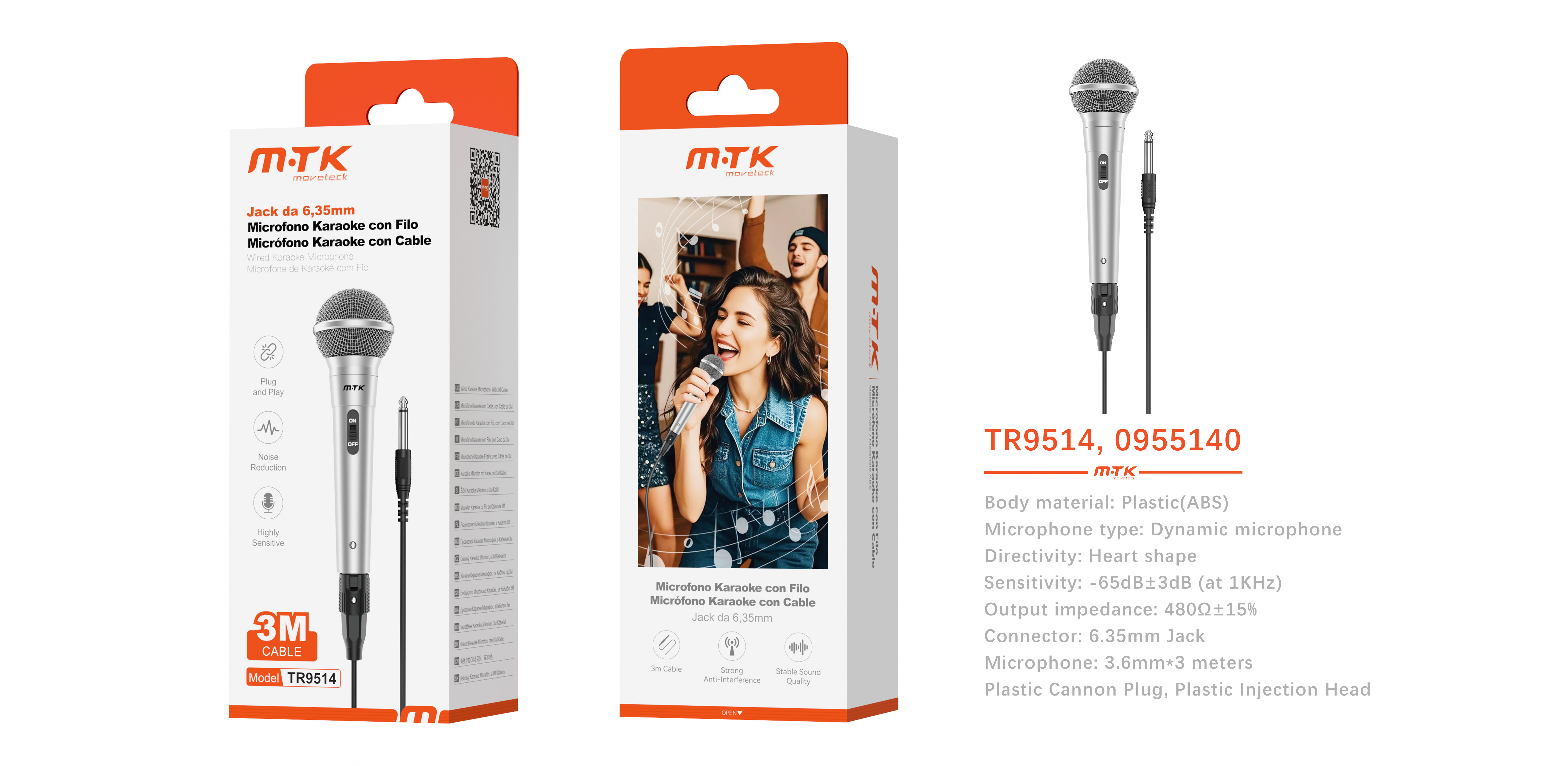 TR9514 GR 3W Microfono karaoke con conector de audio 6.35mm/cable de 3m, Gris