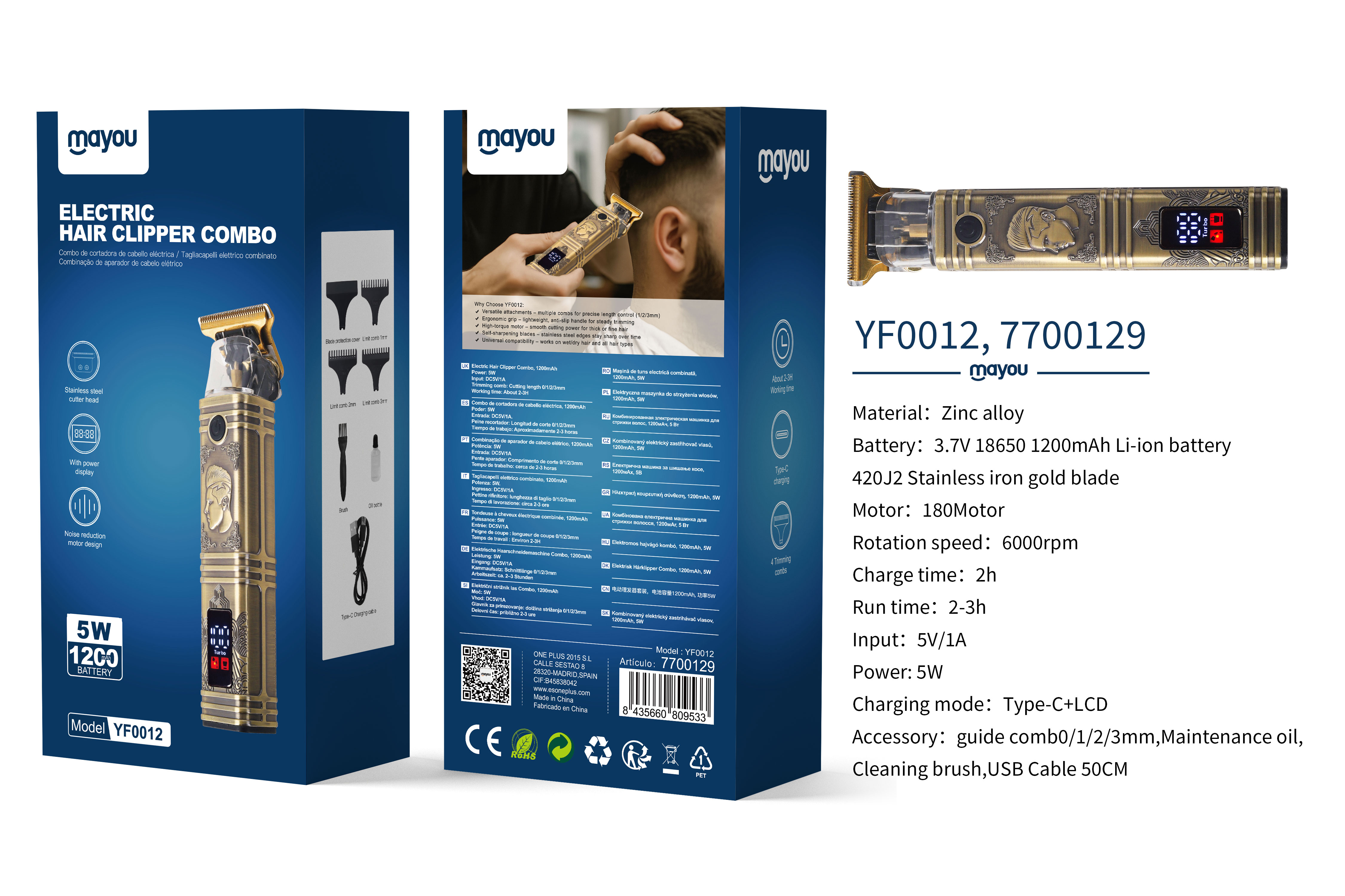 YF0012 Cortador de pelo con 4 medidas de cortes, Bateria 1200mAh