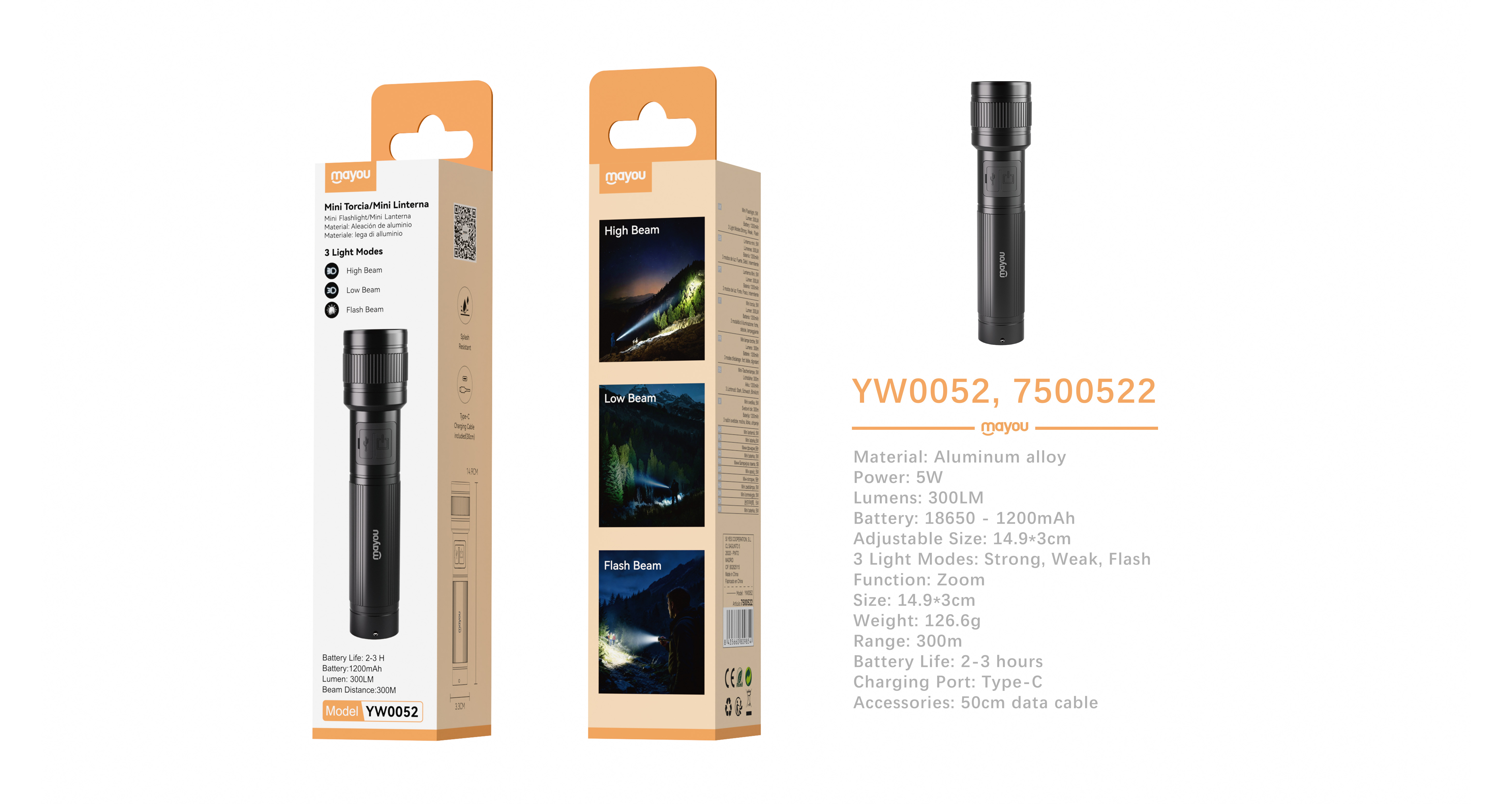 YW0052 300LM/1200mAh/5W Linterna de aluminio con correa 2 modos de luz  Fuerte/bajo/Modo de enfoque/flash