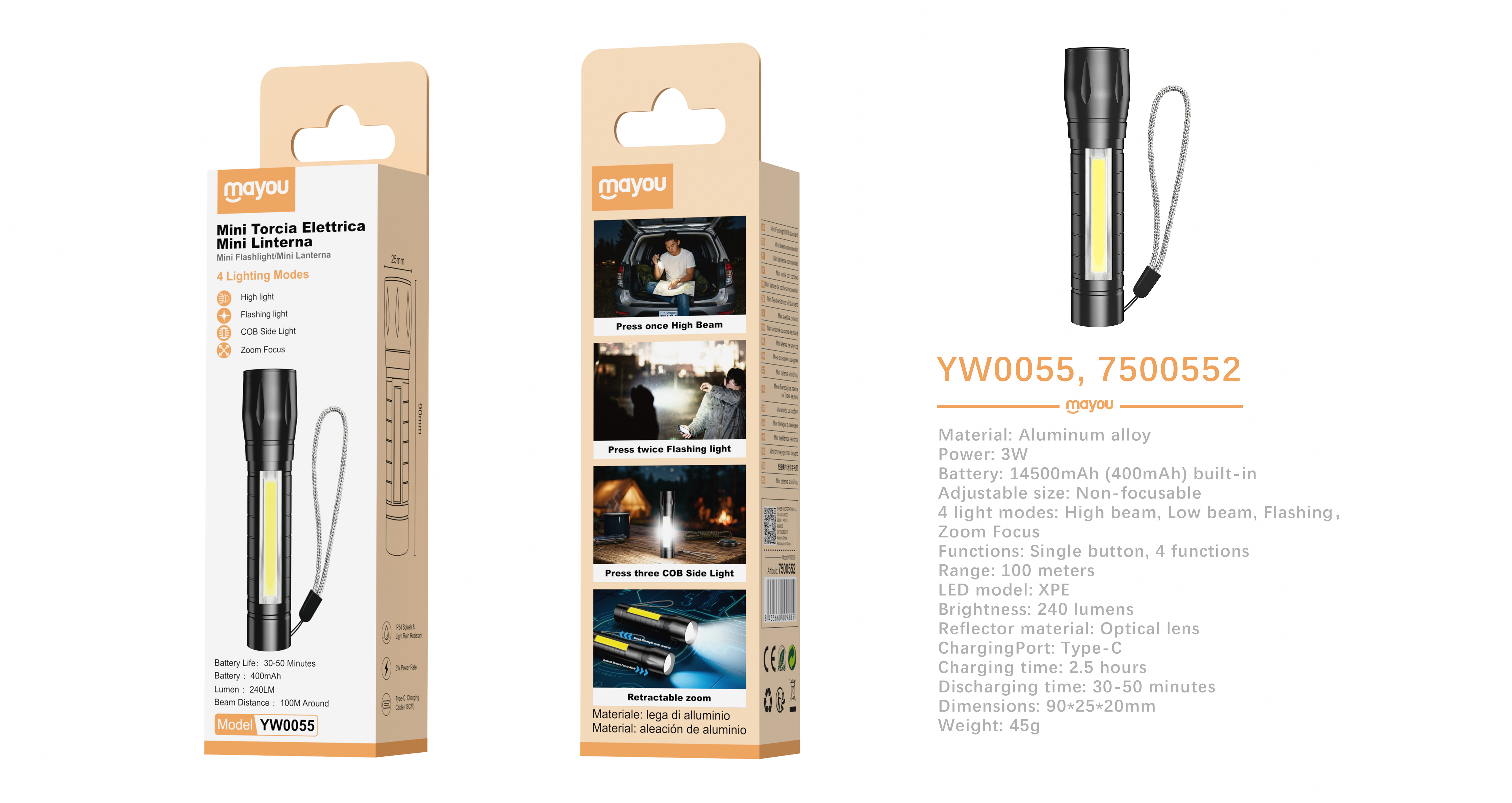 YW0055 240LM/400mAh/3W Linterna de aluminio con correa 4 modos de luz  Fuerte/bajo/flash/Modo de enf